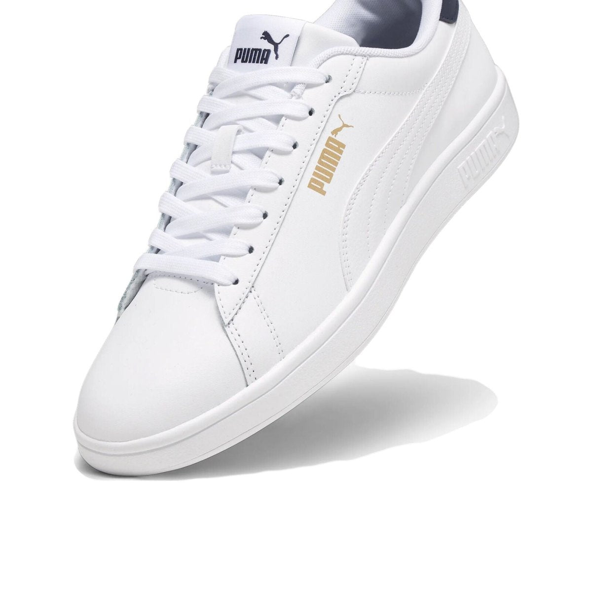 PUMA Men's Smash 3.0 Sneakers - White/Navy/Gold - Classic Low-Top Athletic Shoes for Running, Walking & Casual Wear