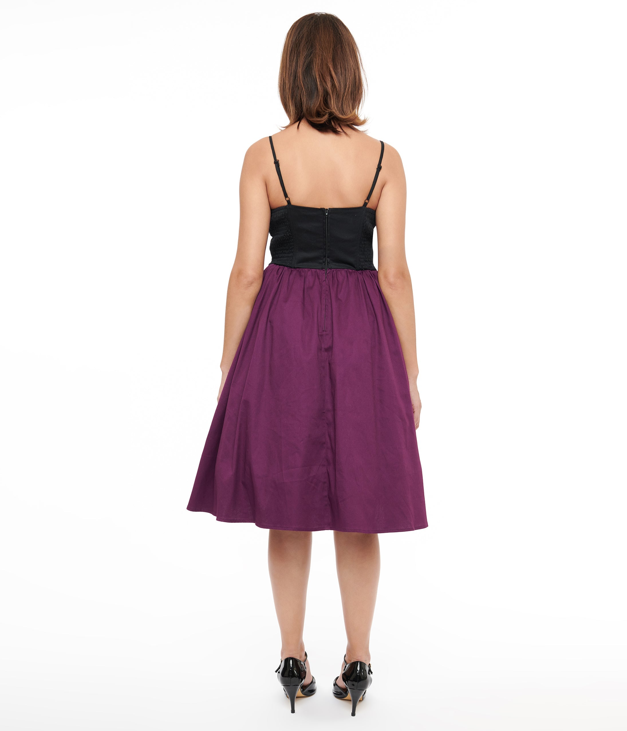 Vintage 1950s Purple & Black Glitter Cat Swing Dress - Retro Rockabilly Party Outfit for Halloween, Cosplay & Pinup Fashion
