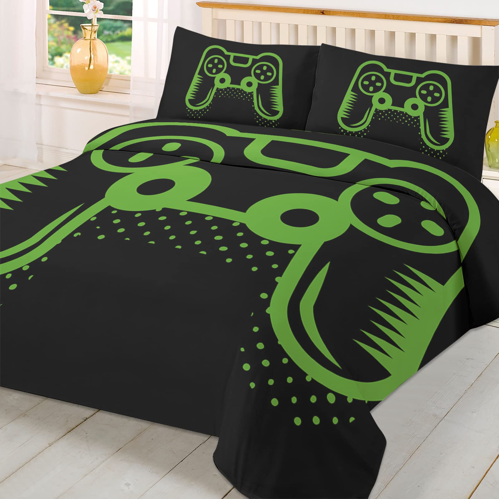3-Piece Full Bedding Set with Zipper - Soft Microfiber Duvet Cover & Bed Sheets - Green Gaming-Themed Cartoon Illustration - Perfect for Kids, Boys & Girls Bedrooms - Cozy Comfort for Gaming Enthusiasts & Children's Bedroom Decor