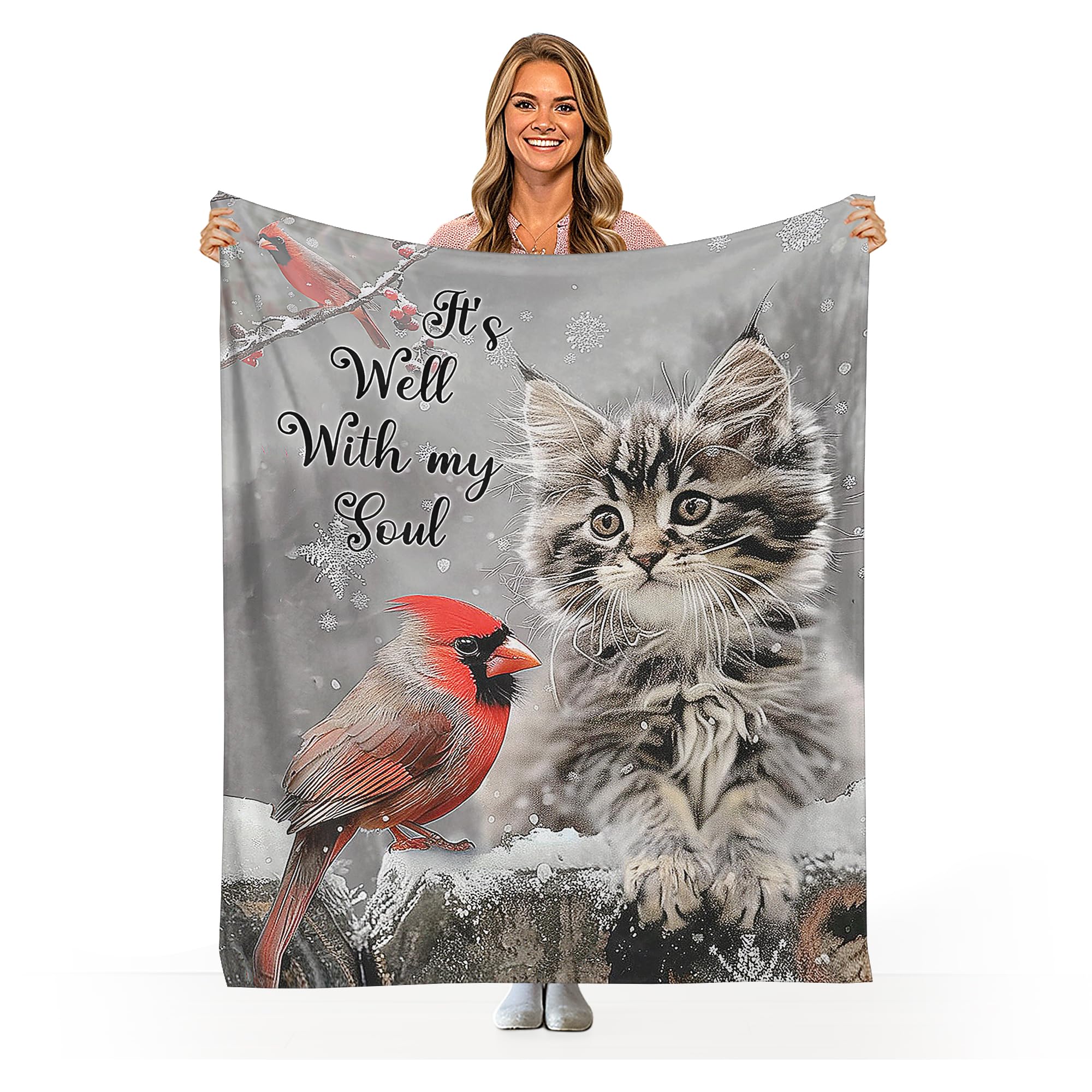 Cat & Cardinal Christmas Throw Blanket - Soft Fleece Plush Blanket for Women & Cat Lovers - 50x40 Inch Warm Cozy Flannel Blanket - Perfect for Sofa, Bed, Couch Decor & Holiday Gifts - Great for Winter Snuggling, Home Decor & Pet Lover Presents