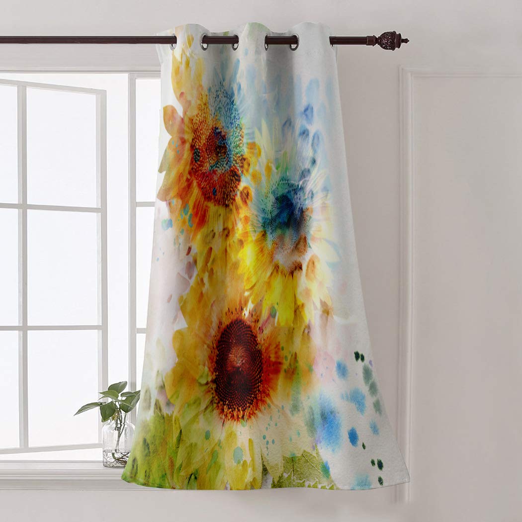 Red Vow Window Curtains 52 Inch Length - Privacy Protection Panel for Nursery, Bedroom, Laundry & Bathroom | Watercolor Abstract Sunflower Multicolor Drapes for Kitchen Decor | Perfect for Home, Apartment & Dorm Room