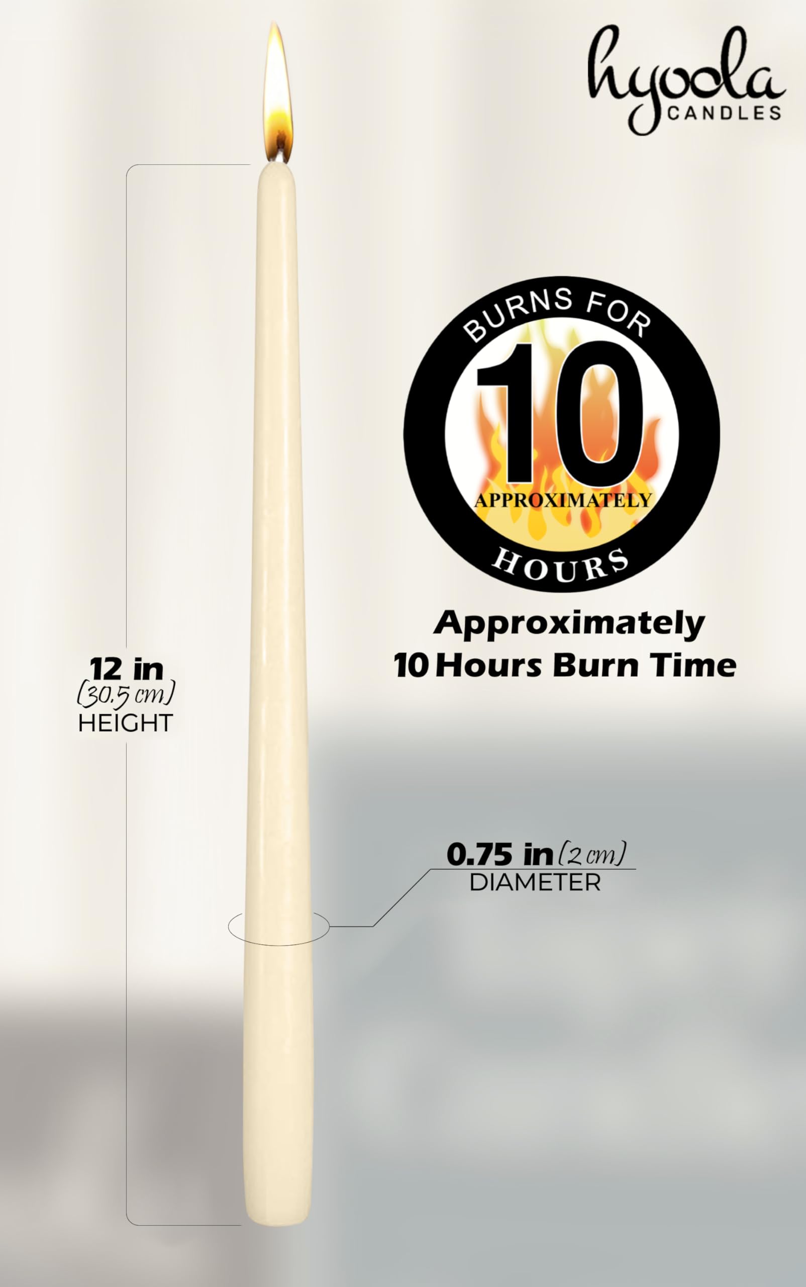 Hyoola 12 Inch Wool White Unscented Dripless Taper Candles Bulk (96 Pack) - 10 Hour Burn Time - Perfect for Weddings, Church, Candlelight Dinners & Home Decor