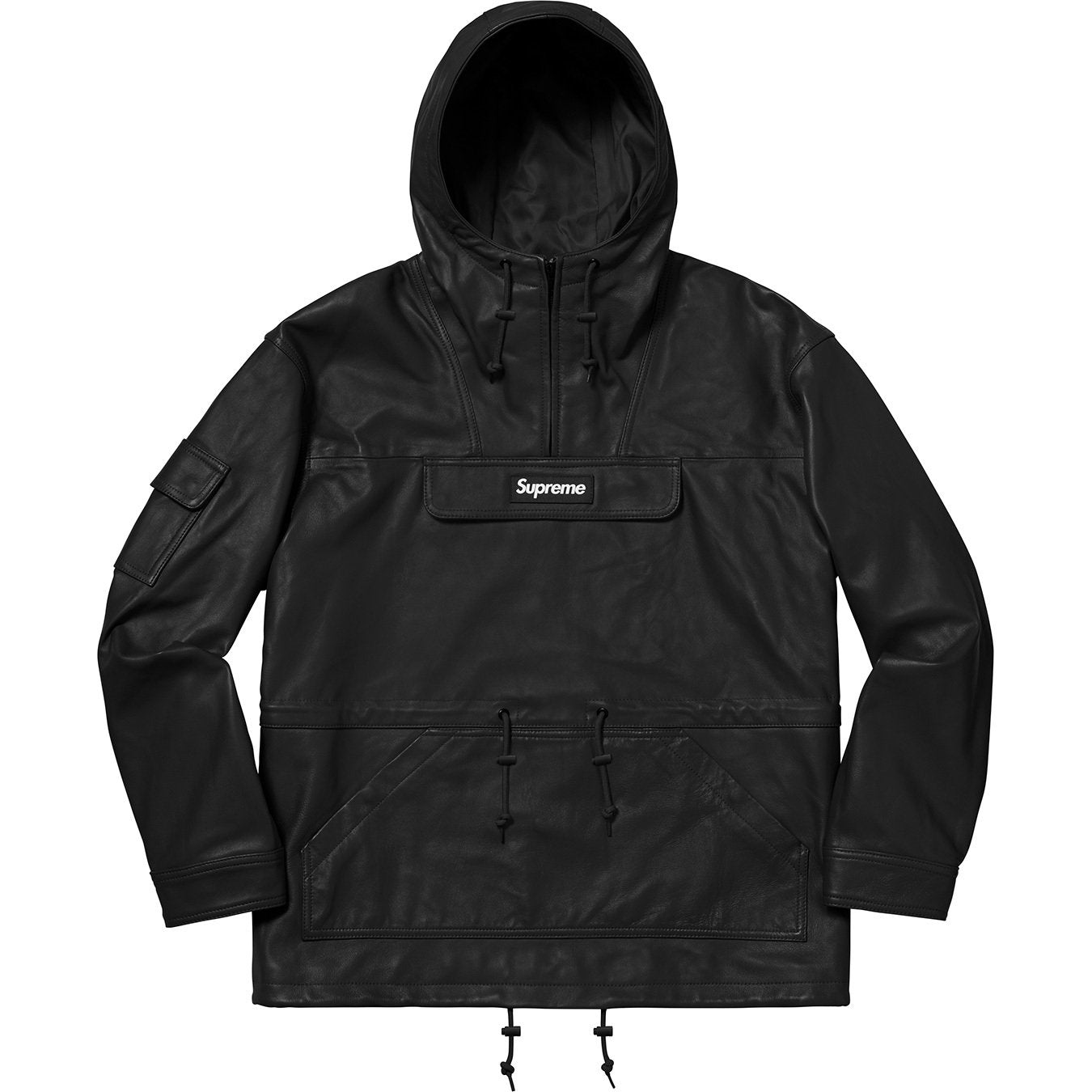 Supreme Black Leather Anorak Jacket - Stylish Waterproof Outdoor Windbreaker for Men & Women - Perfect for Hiking, Camping, and Urban Fashion