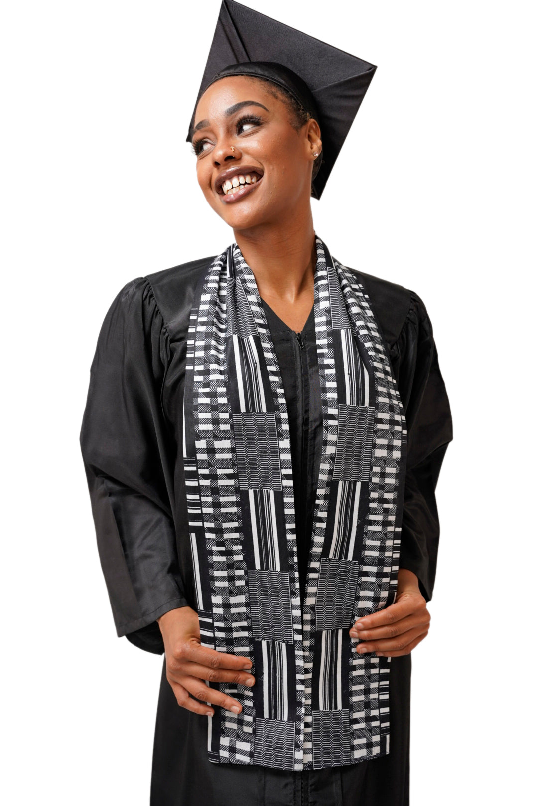 Elegant Black and White Kente African Print Graduation Stole/Sash DPB0795S1 - Perfect for Graduation Ceremonies, Cultural Events & African Heritage Celebrations