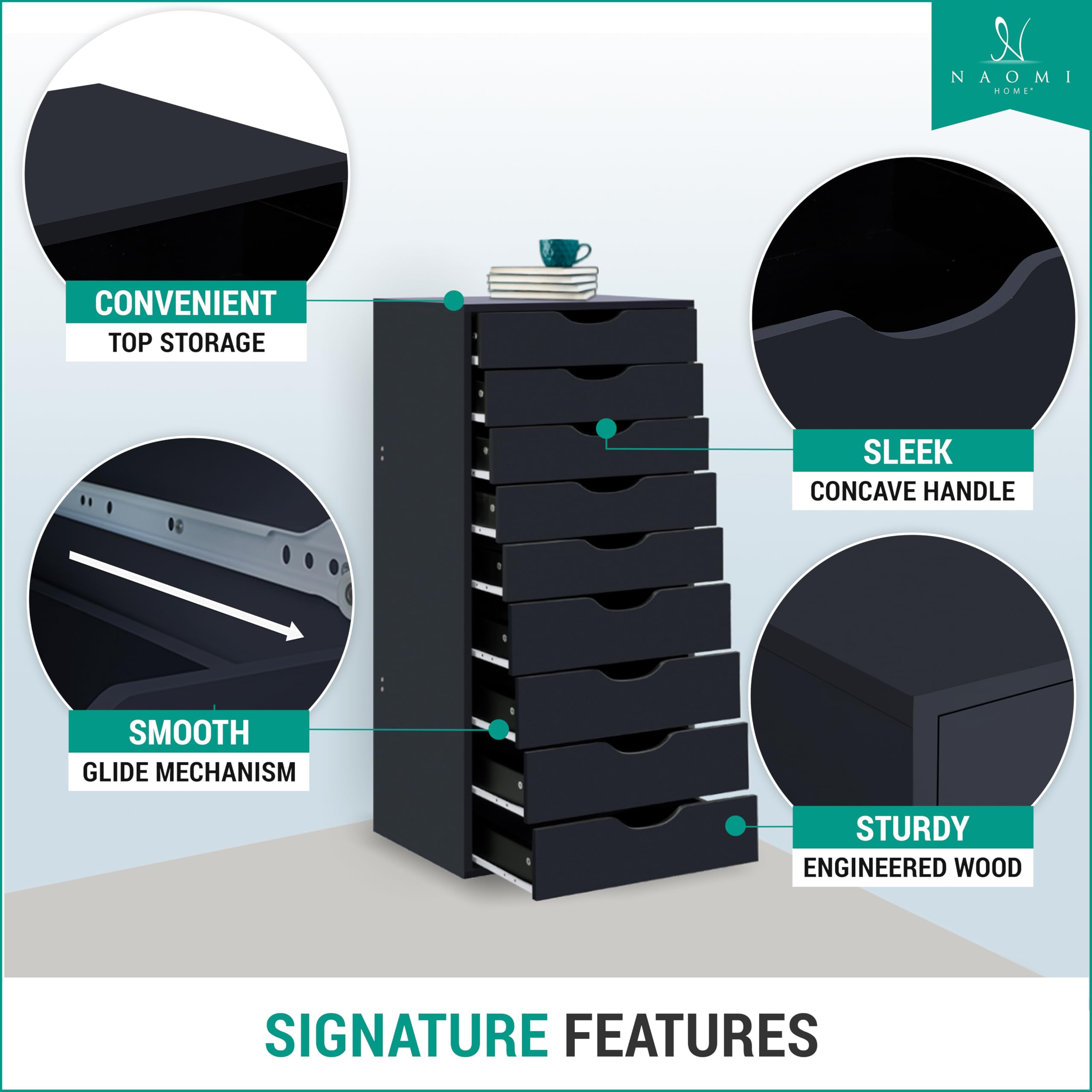 Naomi Home 9-Drawer Dresser for Bedroom - Tall Makeup Vanity with Storage Shelves, Small Closet Organizer (200 lbs Capacity) - Black - Perfect for Bedroom Storage, Makeup Organization & Small Space Furniture