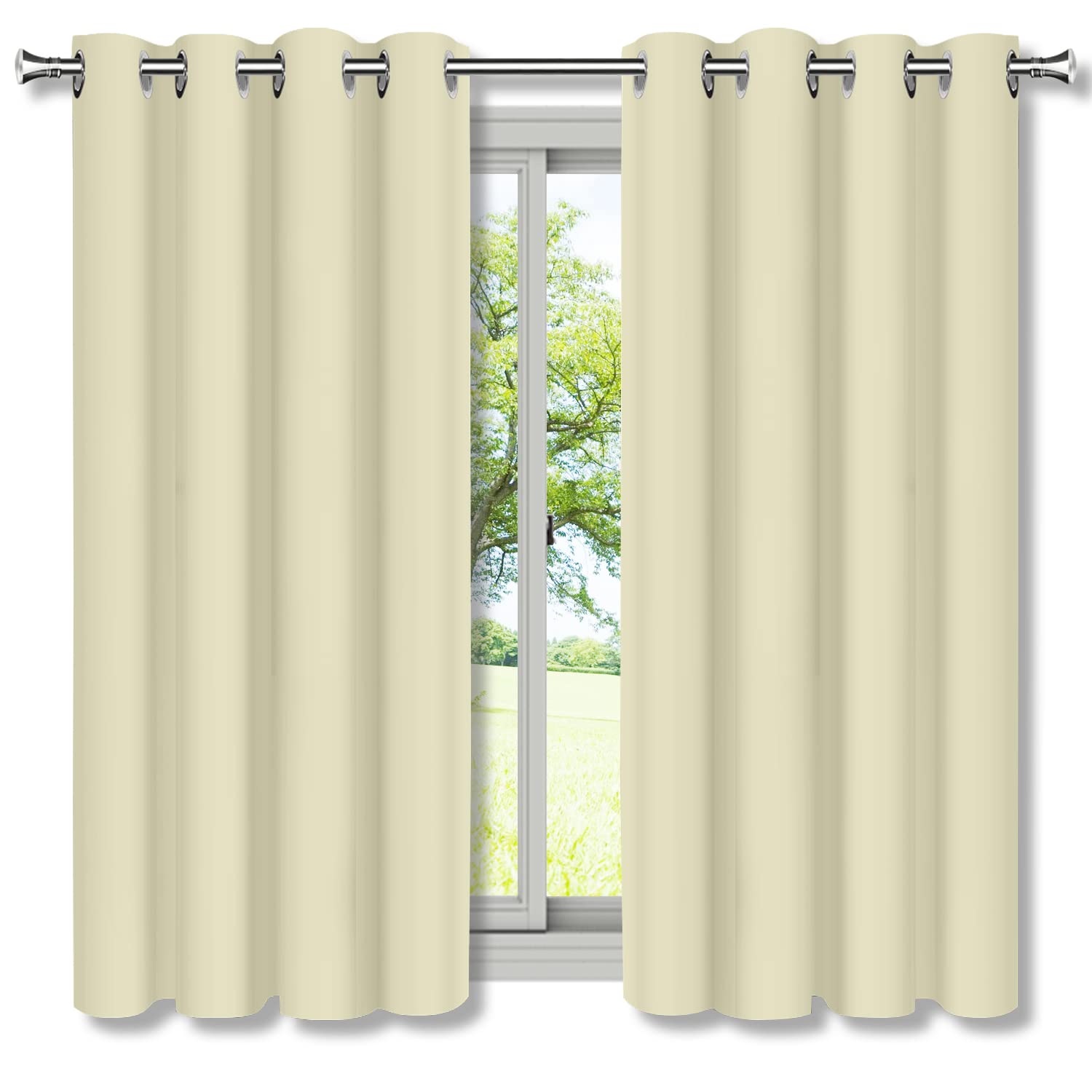 Beige Blackout Curtains for Bedroom & Dining Room - 63 Inch Long Thermal Insulated Curtain Panels (Set of 2) - Super Thick Light Blocking Drapes for Better Sleep & Energy Efficiency