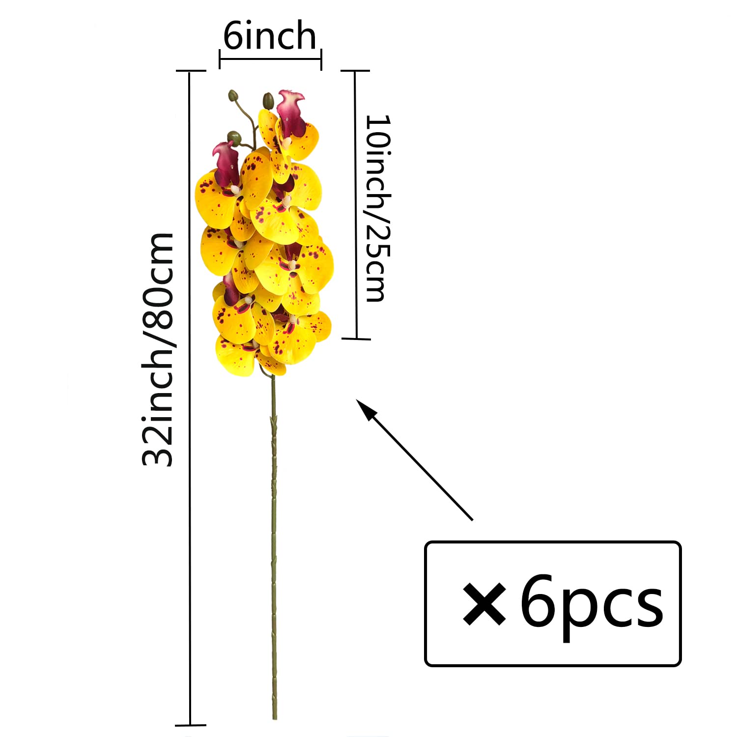 FagusHome 6 Pcs 32 Inch Artificial Phalaenopsis Orchid Flowers Stems - Fake Silk Flowers for Home Décor, Wedding Centerpieces & Office Decoration (Yellow Piebald)
