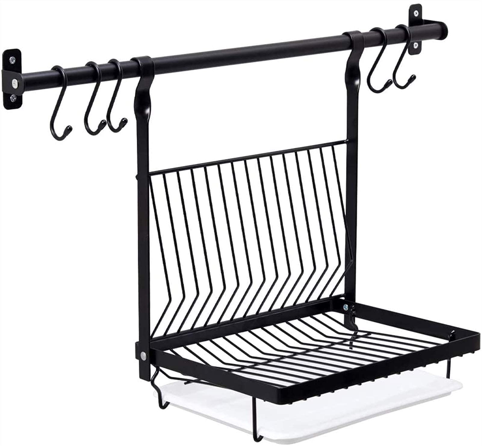 Stainless Steel Wall Mount Kitchen Rack Organizer with Drain Board & 5 S-Hooks - Space Saving Pot Pan Utensil Holder for Small Kitchen, RV, Dorm - Durable Hanging Storage Solution for Cookware, Spoons & Kitchen Tools