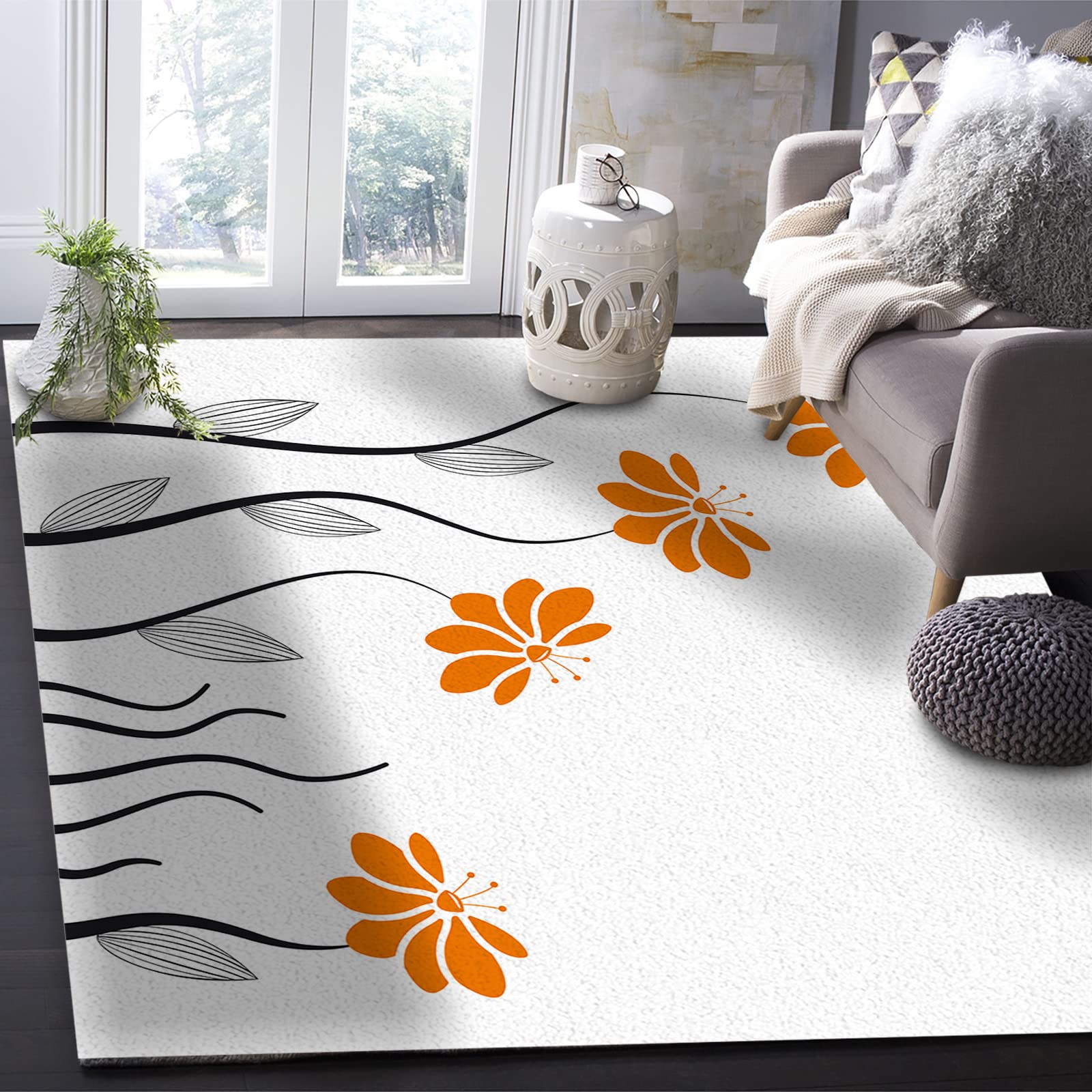 5'x8' Washable Area Runner Rug - Orange Aqua Floral Striped Leaves Modern Geometric Print for Kitchen, Living Room, Bathroom, Bedroom | Non-Slip Bath Mat Perfect for Homes with Pets & Kids
