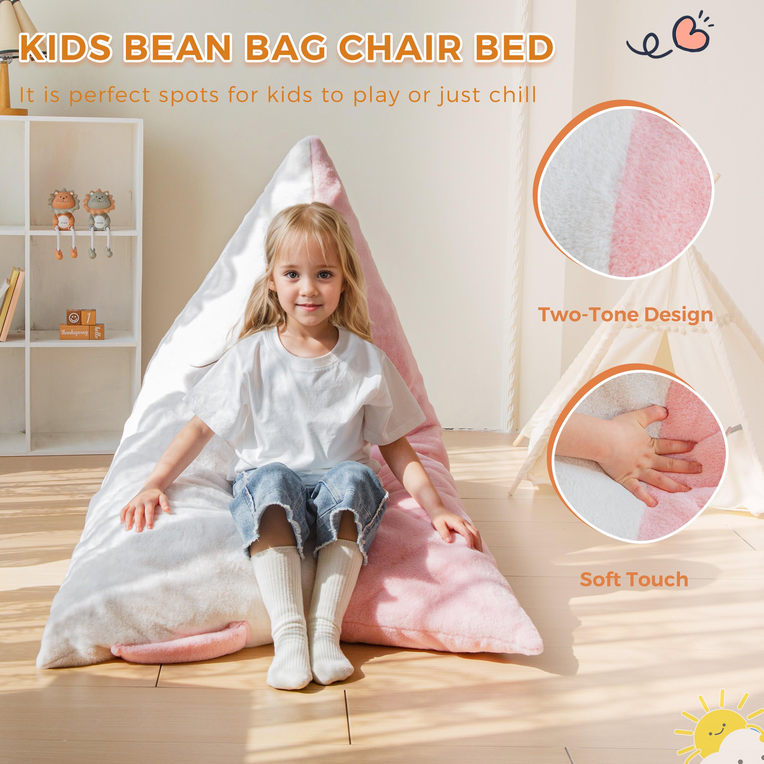 MAXYOYO Kids Bean Bag Chair - 2 Tone Handle Design, High Density Foam Floor Lounger for Boys & Girls, Pink & White - Perfect for Bedroom, Playroom & Reading Nook