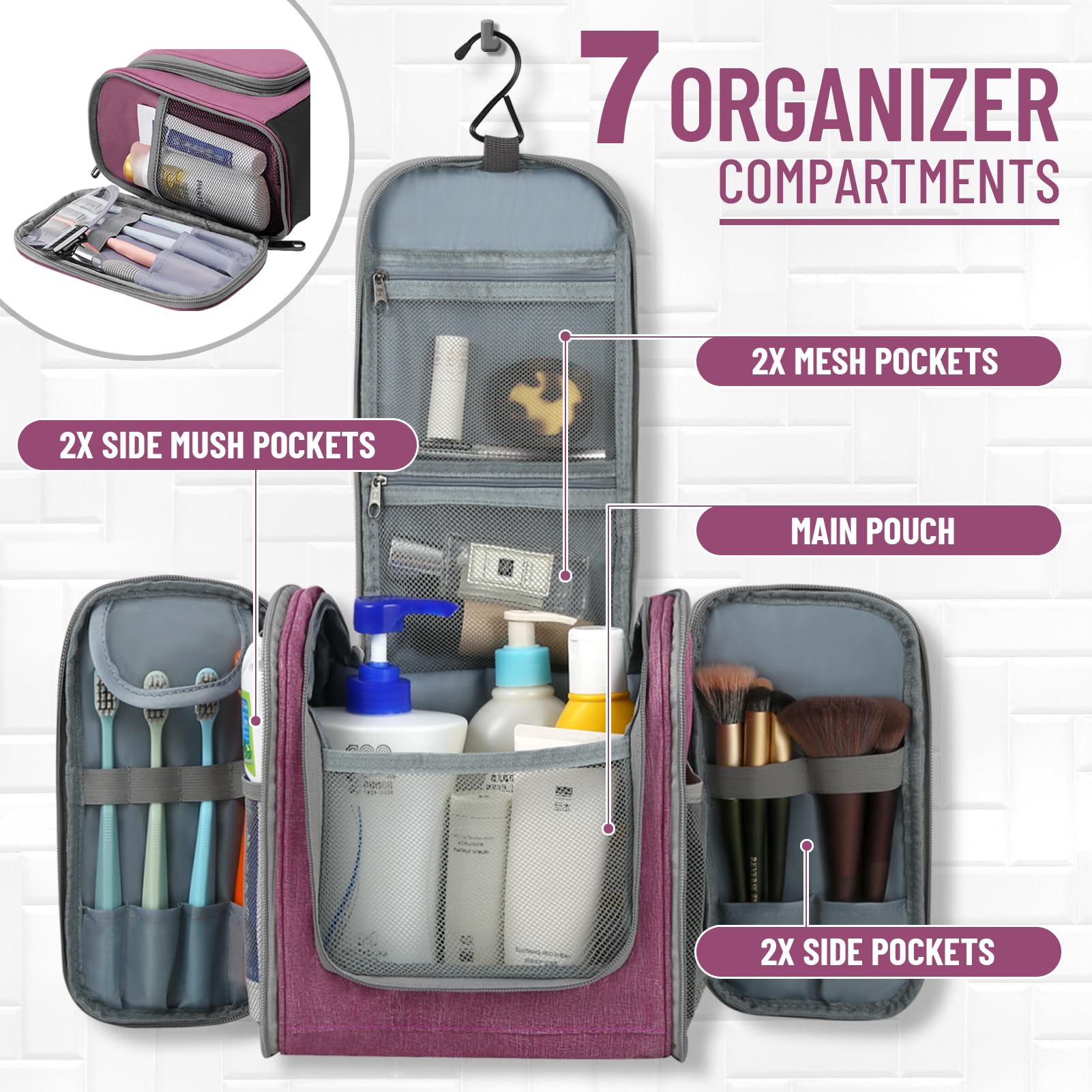 WOOMADA Waterproof Travel Toiletry Bag for Women - Hanging Makeup Organizer with 7 Compartments & Metal Hook - Perfect Cosmetic Storage for Brushes, Toiletries & Beauty Essentials - Ideal for Vacation, Gym, Business Trips & Daily Use