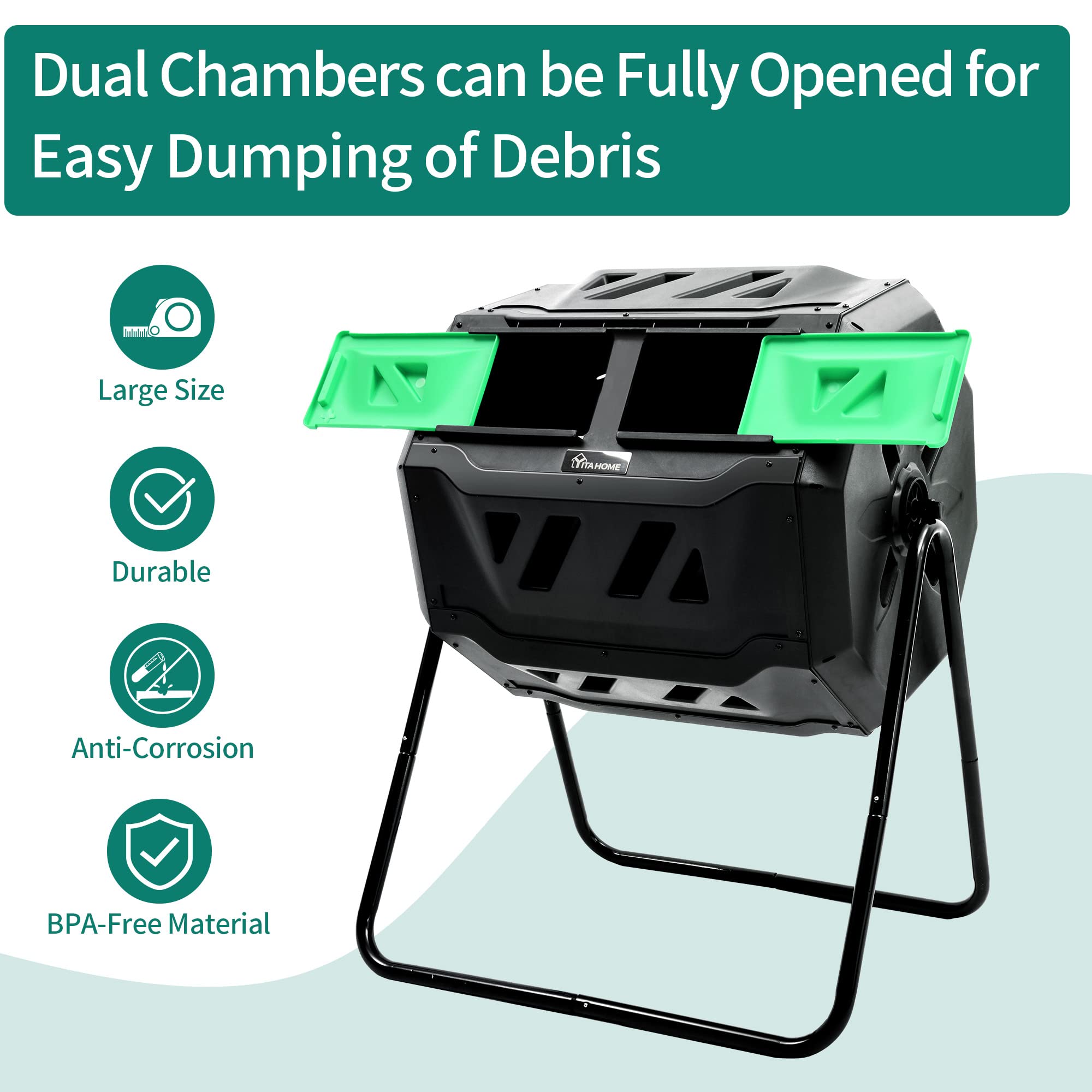 YITAHOME 43 Gallon Large Outdoor Dual Bin Compost Tumbler - 2x21.5 Gallon Rotating Composter with Sliding Doors & Aeration System, BPA Free Garden Compost Bin for Organic Waste Recycling (Green) - Perfect for Backyard Gardening, Sustainable Composting & Eco-Friendly Waste Management