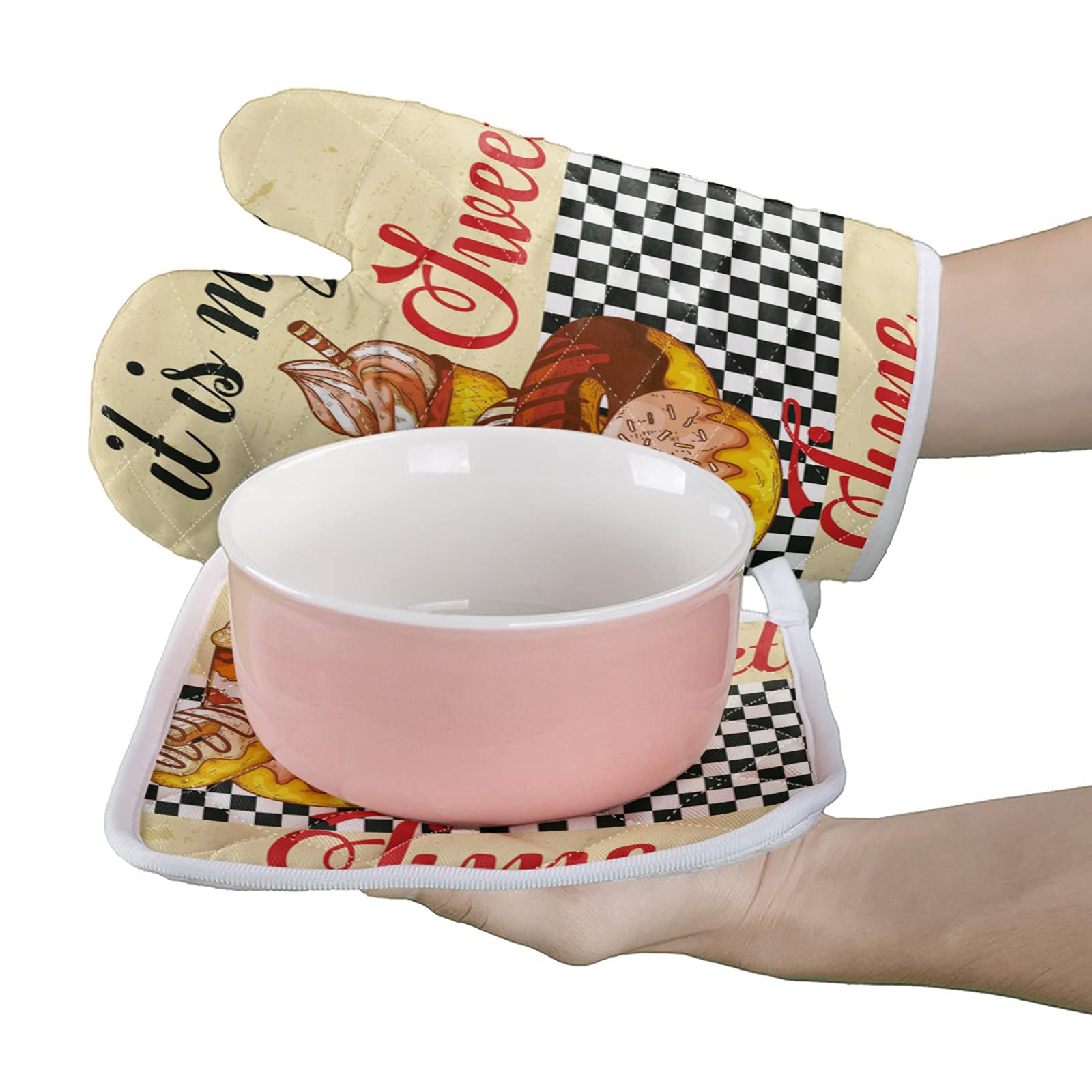 Heat Resistant Oven Mitts and Potholders Set of 2 - Cotton Insulated Kitchen Gloves for Baking, Cooking, Grilling - Perfect for Desserts, Cakes, Donuts & Tea Time