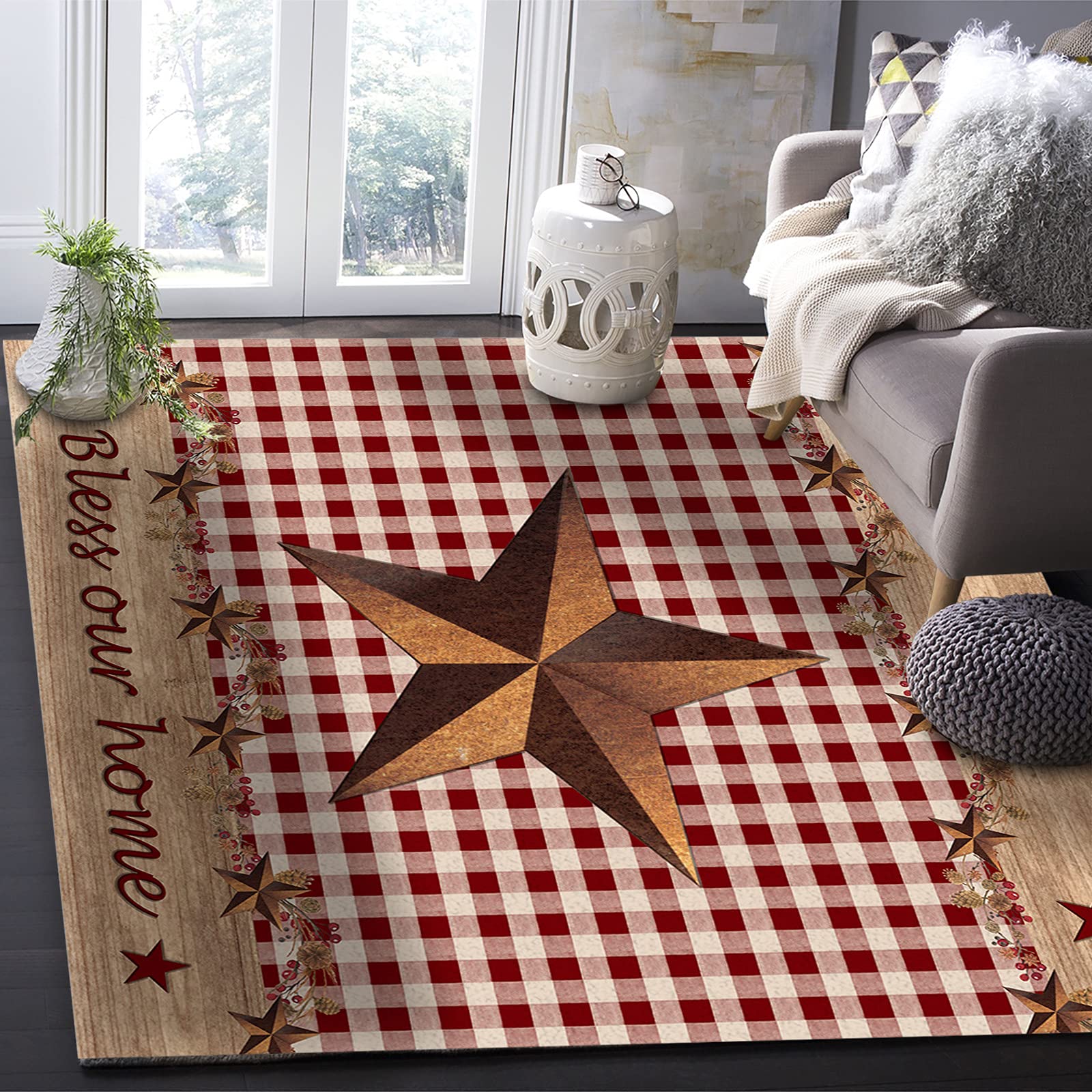 4'x6' Non-Shedding Outdoor Rug - Buffalo Check Plaid in Retro Red & White - Perfect for Bedroom, Living Room, Kitchen & Bathroom Decor | Durable Country Star with Berry Design for Wood Home & Patio Use