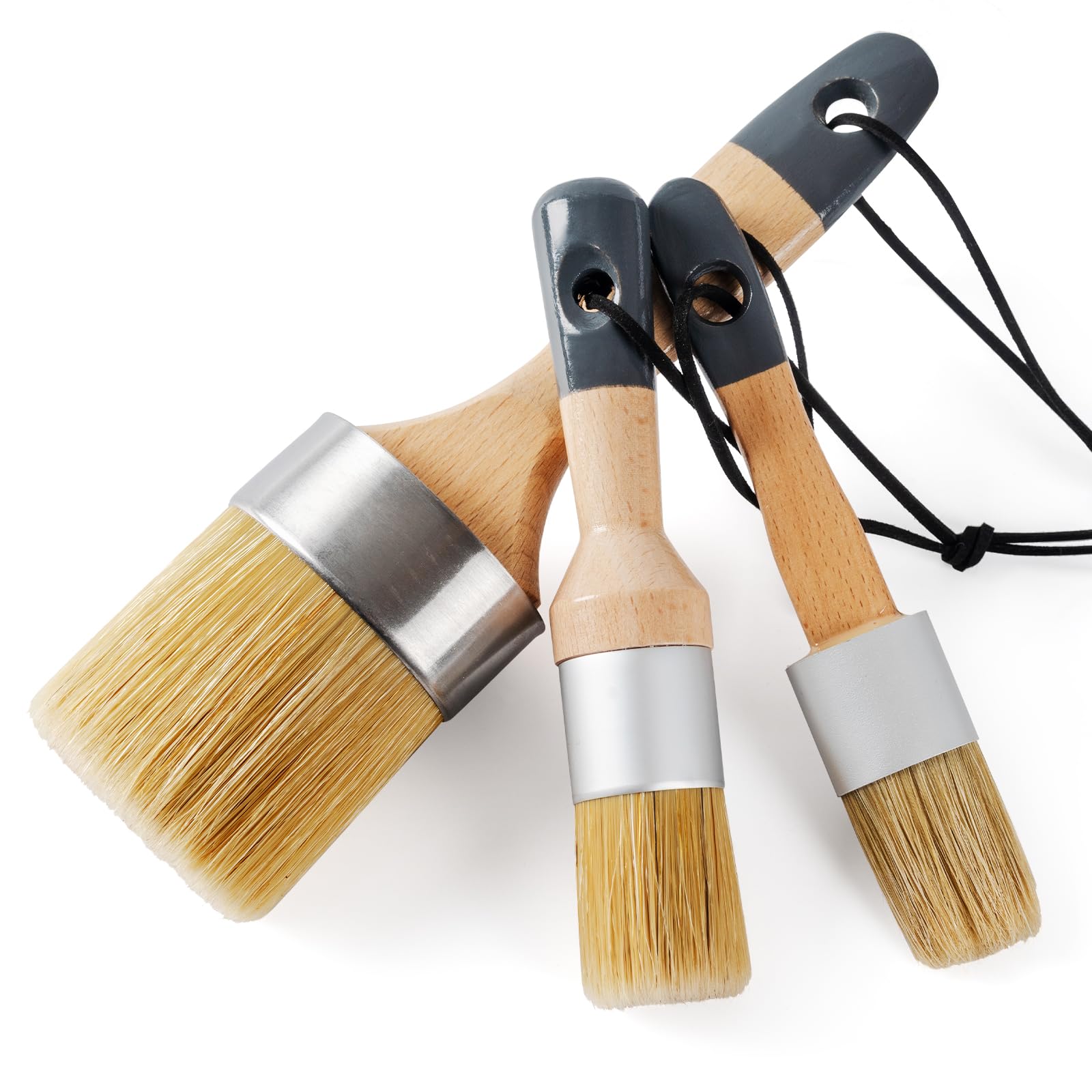 3-Piece Natural Bristle Chalk & Wax Paint Brush Set for Furniture, Milk Paint, Stenciling - Perfect for DIY Home Decor, Cabinets, Woodworking & Craft Projects