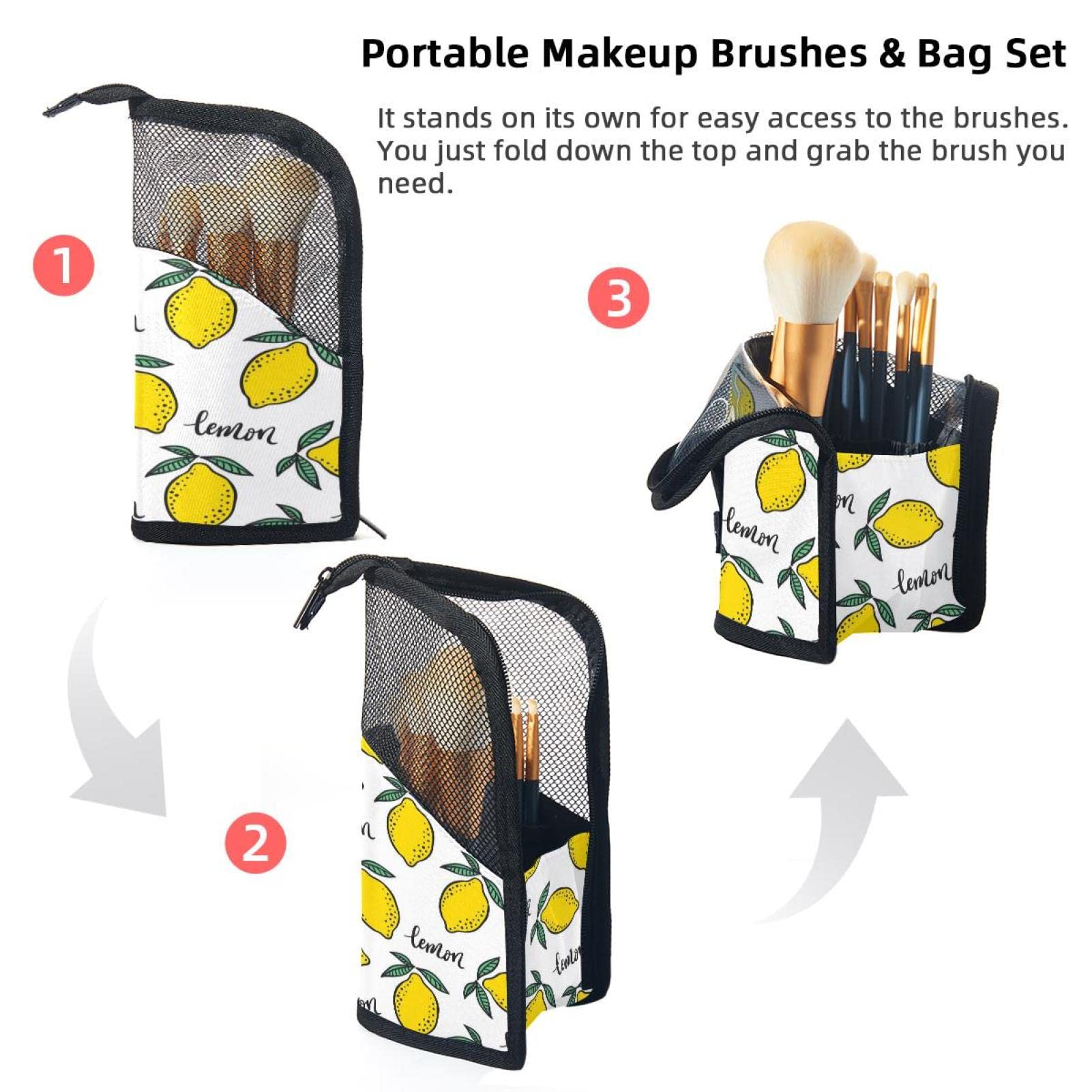 12-Piece Makeup Brush Organizer Bag with Lemon Print - Portable Travel Cosmetic Brush Holder Case for Professional Makeup Artists & Beginners - Perfect for Home, Travel, and Salon Use