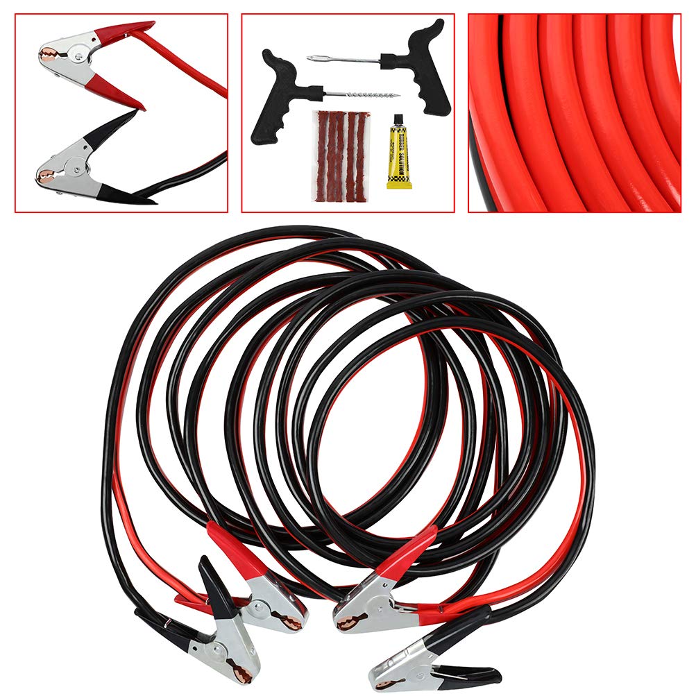 Heavy Duty 1 Gauge 30FT Jumper Cables for Car Battery - Emergency Booster Cable with Tire Repair Kit for Trucks, SUVs, Farm Equipment & Diesel Vehicles - Perfect for Roadside Emergencies and Vehicle Maintenance