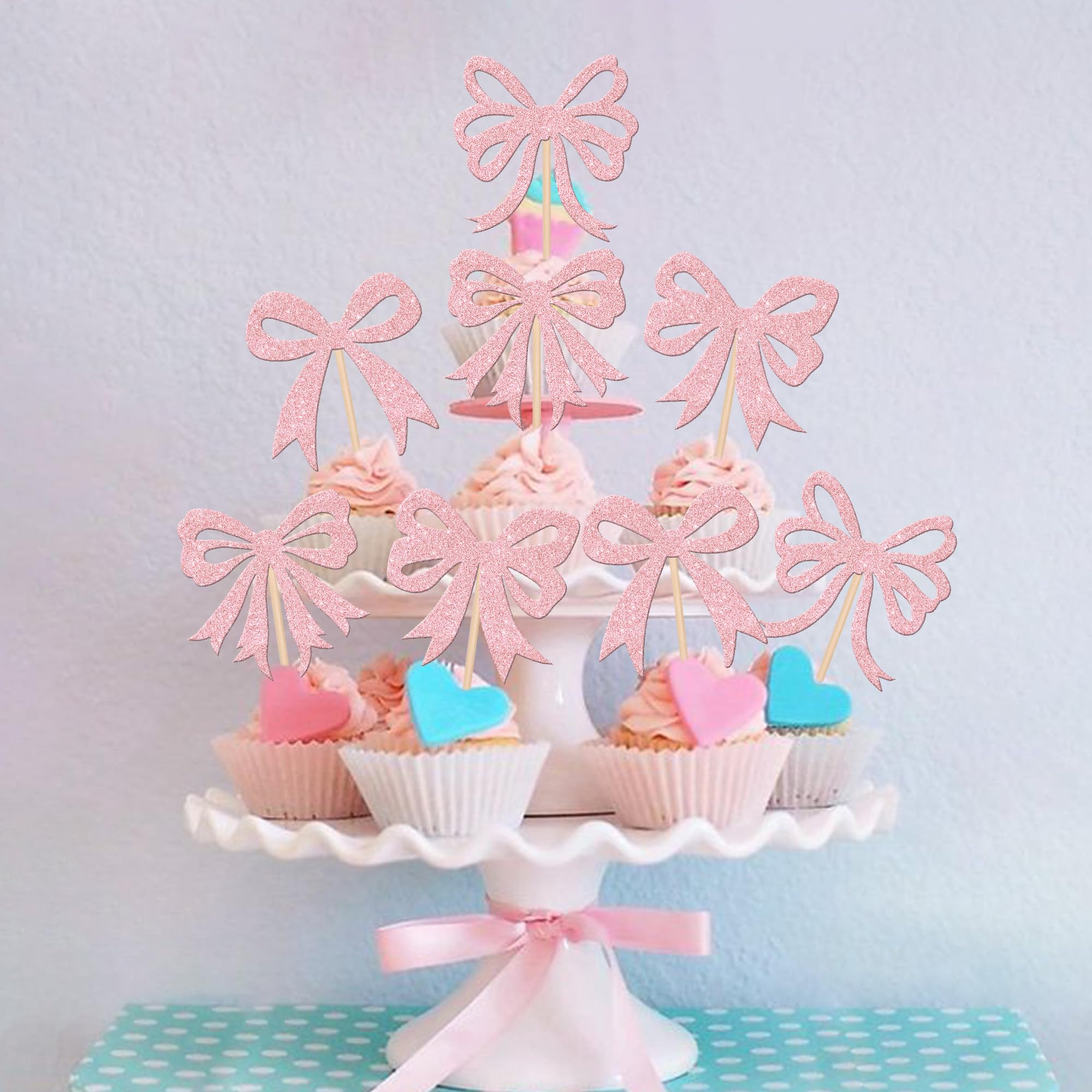 24 PCS Glitter Light Pink Bow Cupcake Toppers - Elegant Bowknot Cupcake Picks for Girls Birthday Party, Bridal Shower, Baby Shower & Bachelorette Party Decorations - Perfect for Wedding, Birthday Cakes & Dessert Table Decor
