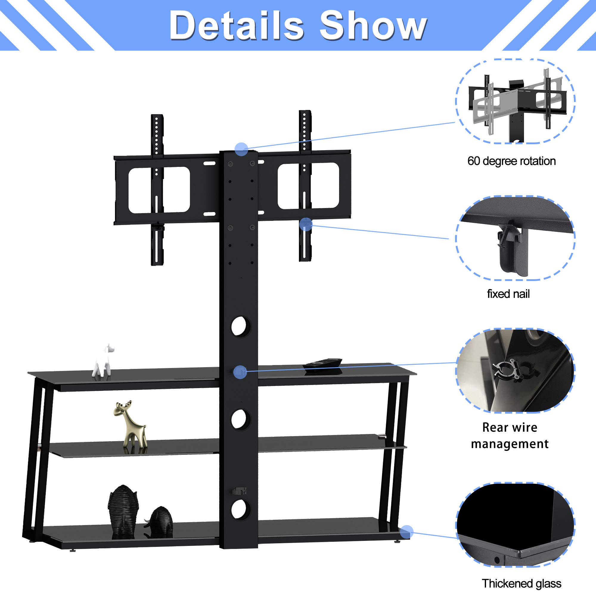 Adjustable Height TV Stand with Mount for 32-65 Inch TVs - Universal Floor Media Stand with 3-Tier Tempered Glass Shelves for Plasma, LCD, LED & Curved Screens by IANIYA - Perfect for Living Room, Bedroom or Home Theater Setup