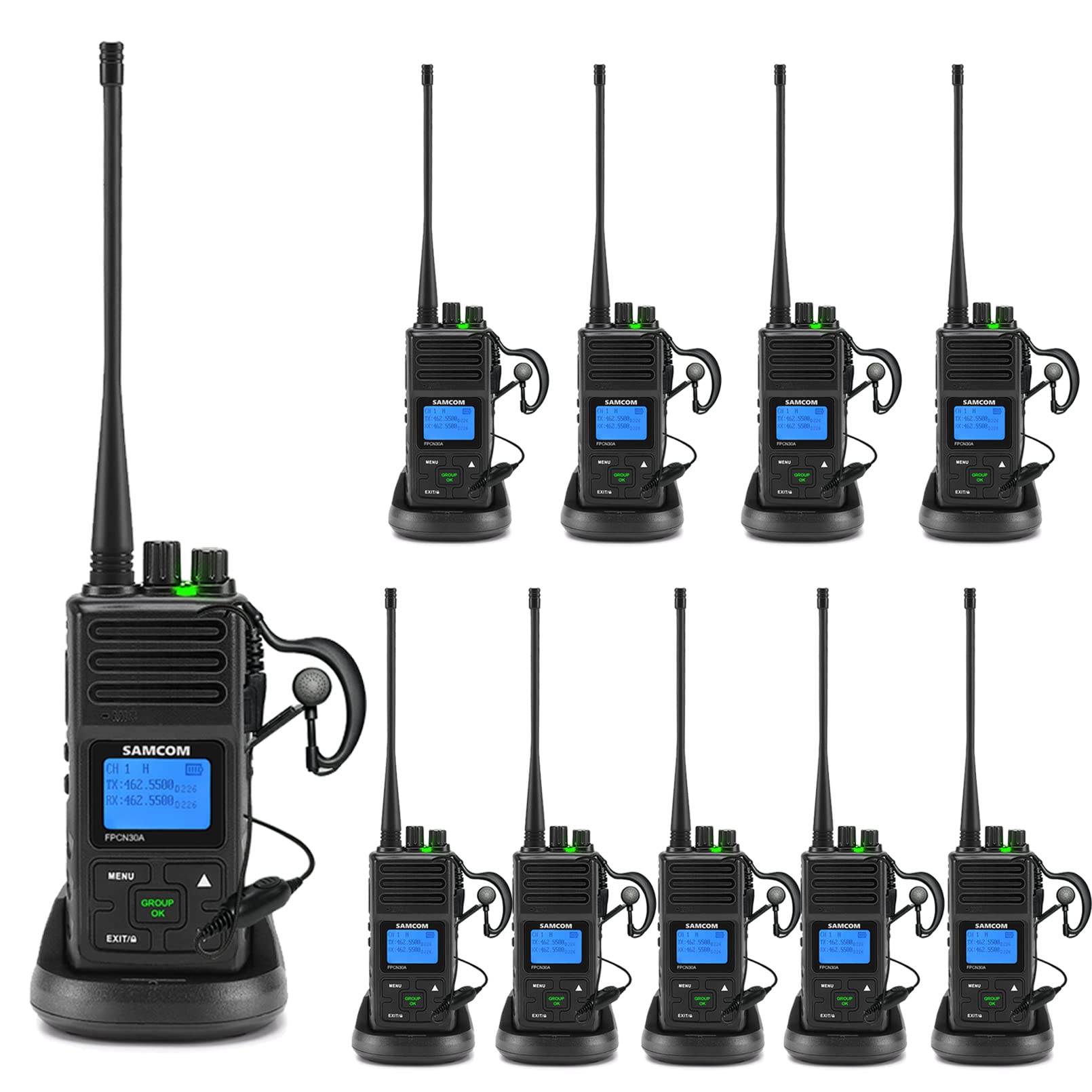 Long Range Walkie Talkies for Adults - SAMCOM FPCN30A 5 Watt Two Way Radios with Earpiece & Hands-Free (10 Pack) | Ideal for Government, Education, Churches & Business Communication