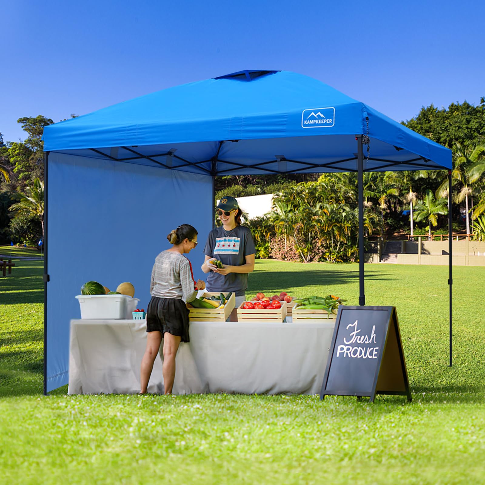 KAMPKEEPER 10x10 FT Pop Up Canopy Tent with 2 Sidewalls - Portable Instant Shelter for Beach, Camping, Backyard, Picnic & Outdoor Events - Includes 4 Weight Bags & Carry Bag - Waterproof UV Protection Sun Shade Gazebo (Blue)