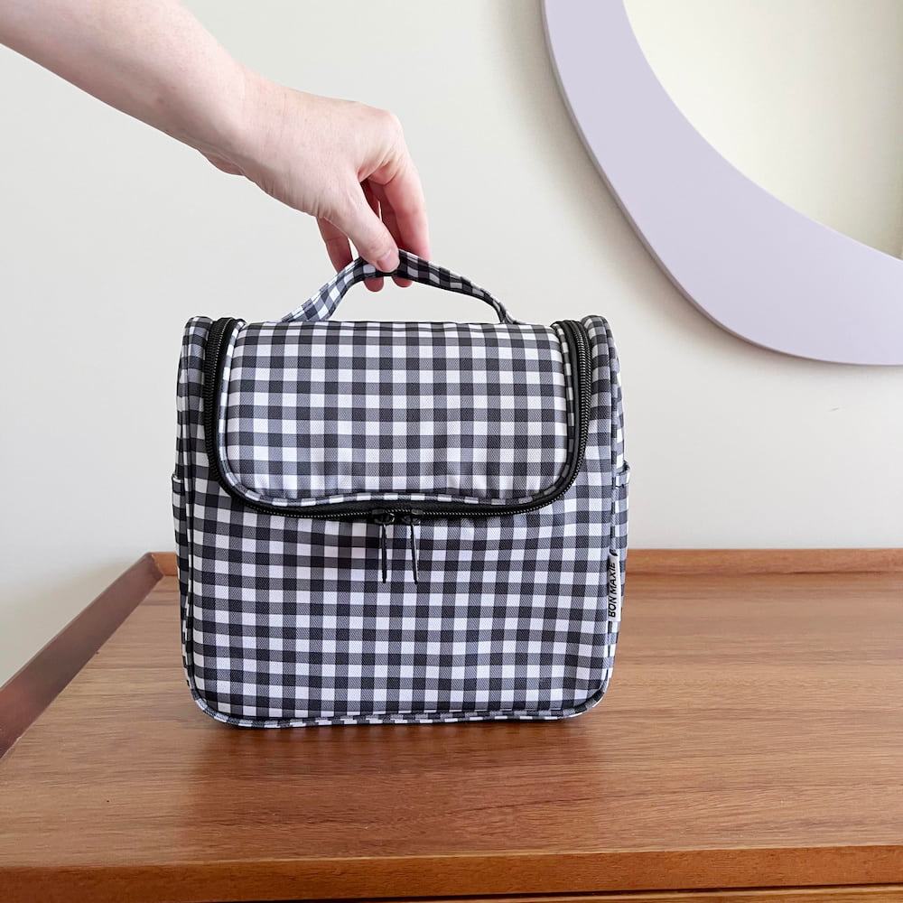 Bon Voyage Travel Toiletry Bag - Waterproof Black Gingham Cosmetic Organizer for Women & Men | Perfect for Airplane, Camping & Gym Essentials
