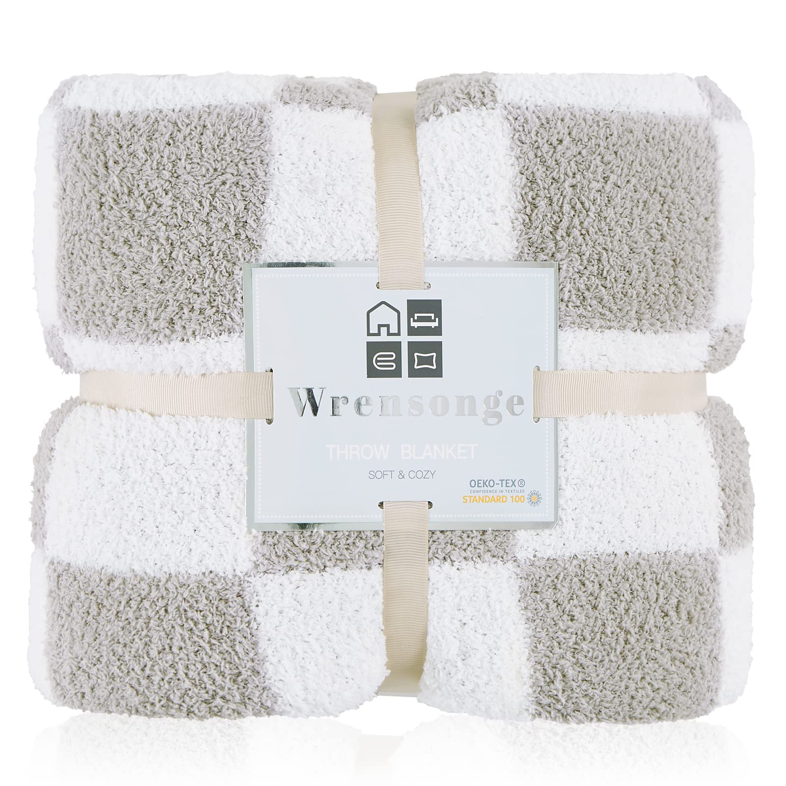 WRENSONGE Checkered Throw Blanket - Light Grey Soft Fluffy Warm Handmade Blanket for Couch, Sofa, Bed & Travel - 50x70 Inch Cozy Blanket for Home, Camping, Picnic & Gifts | Perfect for Snuggling, Decor & Outdoor Adventures