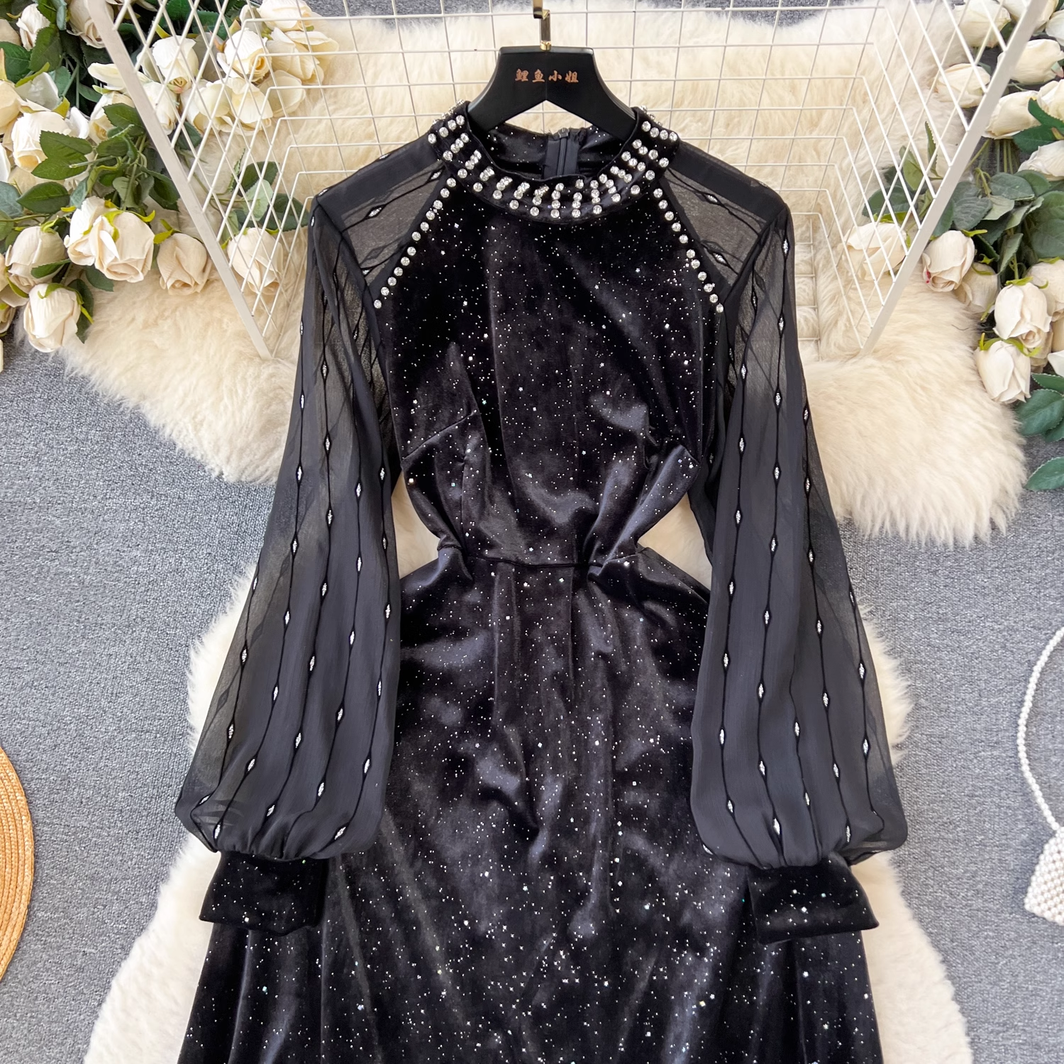 Elegant Black Velvet Beaded Dress with Sequins - Perfect for Evening Parties, Weddings & Special Occasions