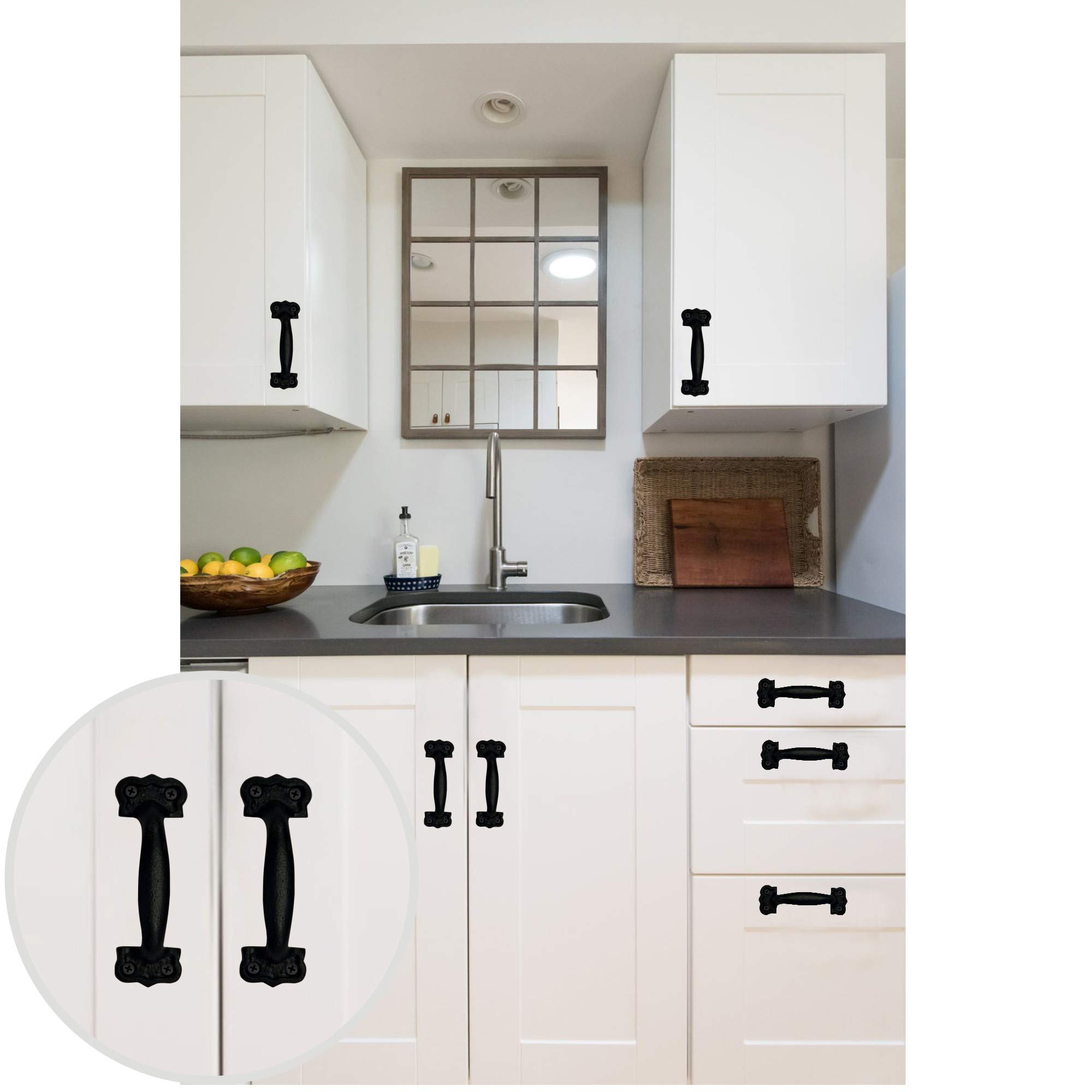 115mm Premium Black Powder Coated Cabinet Pulls - 4 Pack Heavy Duty Cast Iron Kitchen Cabinet Handles - Antique Farmhouse Drawer Hardware for Cupboards & Cabinets - Durable Cabinet Pull Set for Modern, Rustic & Vintage Kitchen Renovations