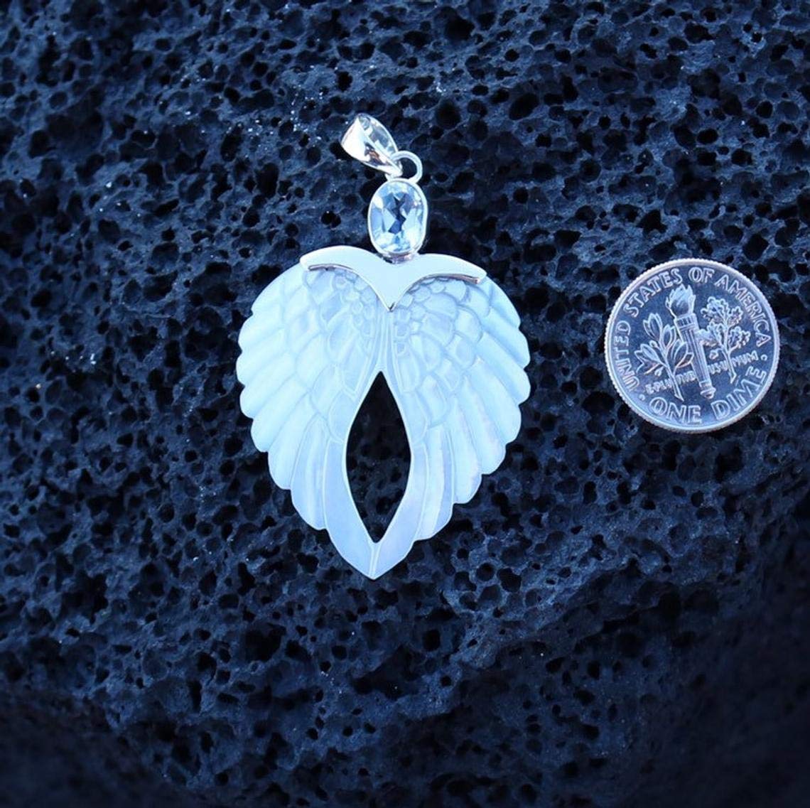 Angel Wings Heart Mother of Pearl Shell Necklace with Blue Topaz Pendant - Sterling Silver Jewelry for Women, Gift for Mom, Birthday, Anniversary & Special Occasions