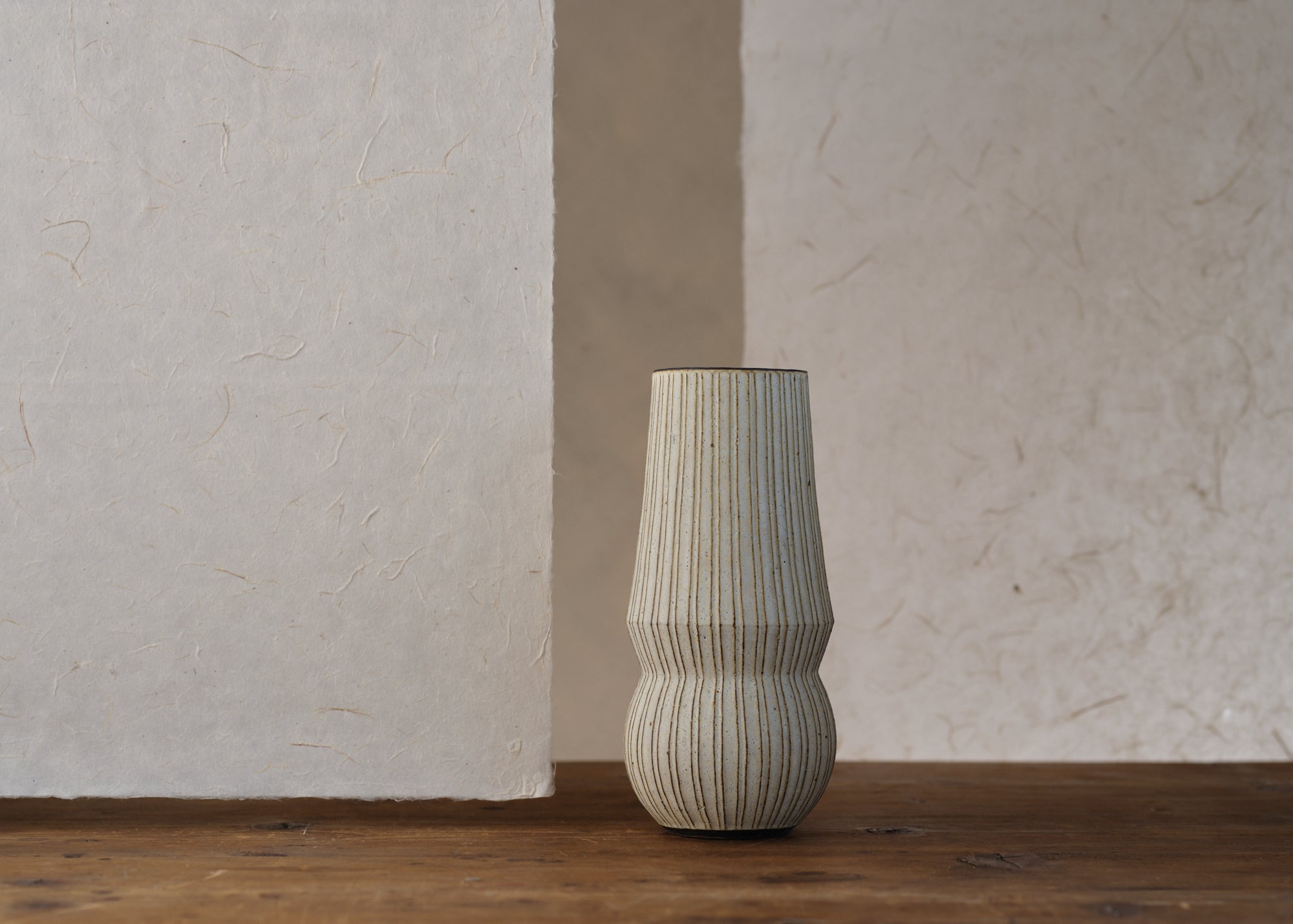Handmade Cylindrical Pleated Ceramic Vase by Akio Nukaga - Modern Home Decor for Living Room, Dining Table & Office Desk