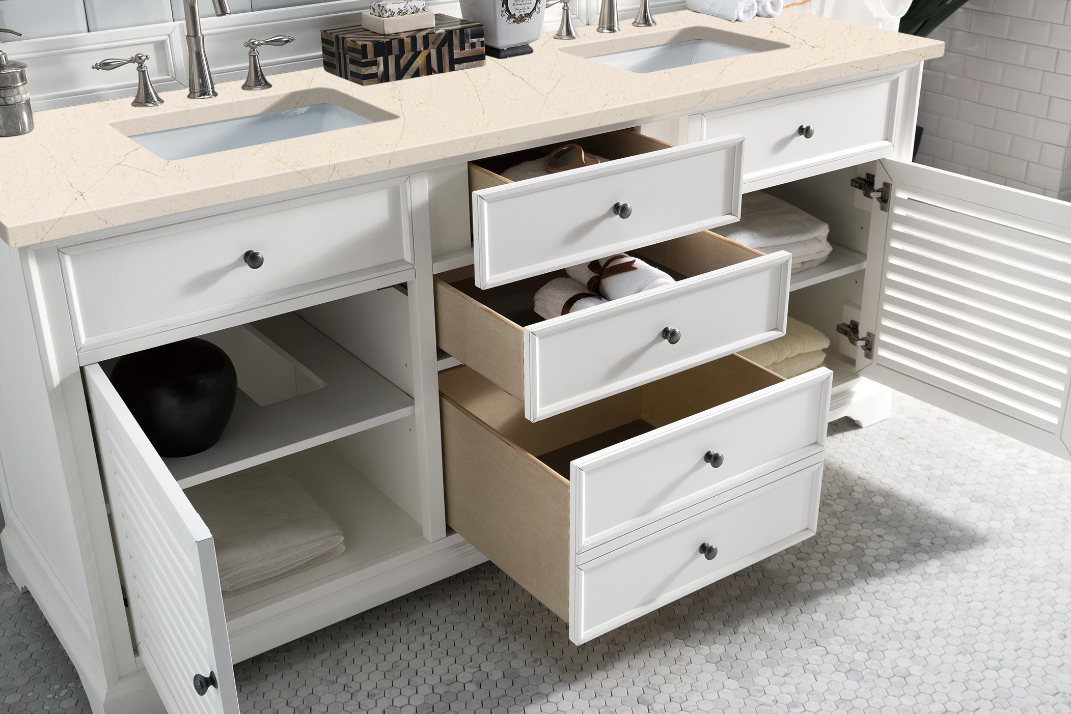 Savannah 72-Inch Double Vanity Cabinet with 3CM Eternal Marfil Quartz Top in Bright White - Perfect for Master Bathroom & Luxury Home Renovation