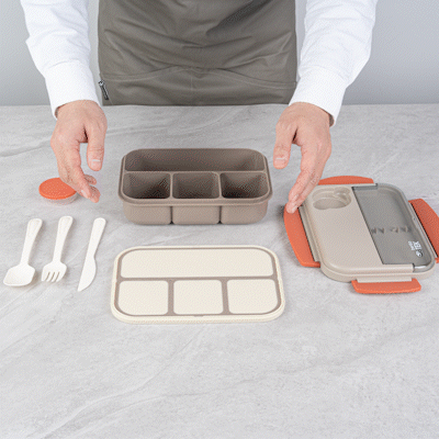 Bento Tek 44oz BPA Free Lunch Box - Microwave Safe Brown & Orange Food Container with Utensils (9x6.5x3.25 Inches) - Perfect for Office, School & Picnic Meals