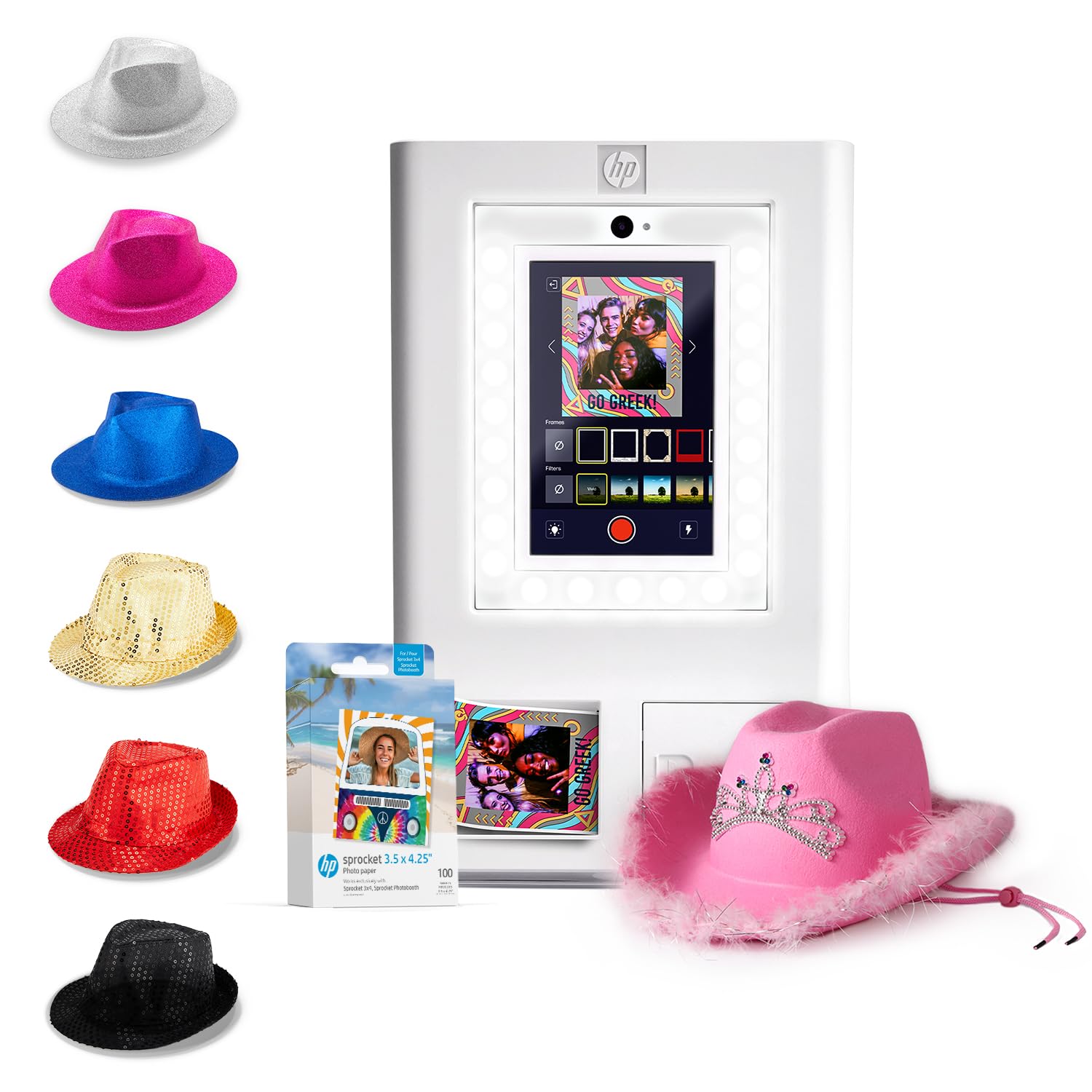 HP Sprocket Portable Instant Photo Printer with Zink Paper (100 Sheets) - Print Sticky-Back Photos from Phone, Includes Fedora Hats (6 Pack) & Pink Cowboy Hat with Tiara for Parties, Travel & DIY Scrapbooking