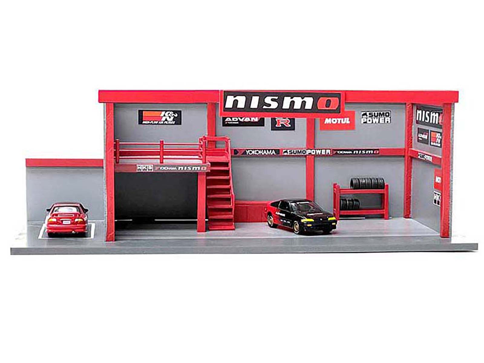 1/64 Scale Garage Diorama with Advan Decals - American Diorama Model Car Display for Collectors & Hobbyists - Perfect for Showcase, Photography & Racing Scenes