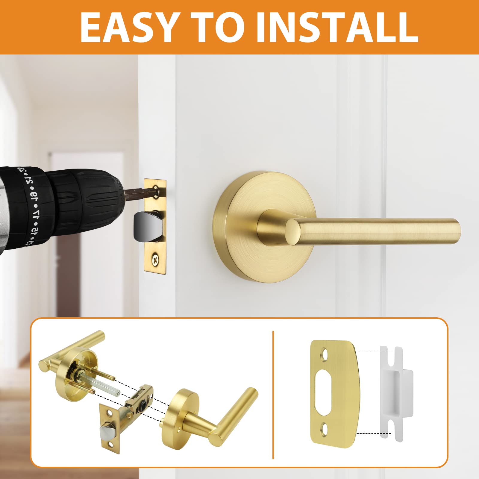 Haidms 5-Pack Gold Passage Door Lever Handles - Heavy Duty Closet & Hall Door Handles with Lock (Left/Right Handed) - Perfect for Bedroom, Bathroom & Interior Doors
