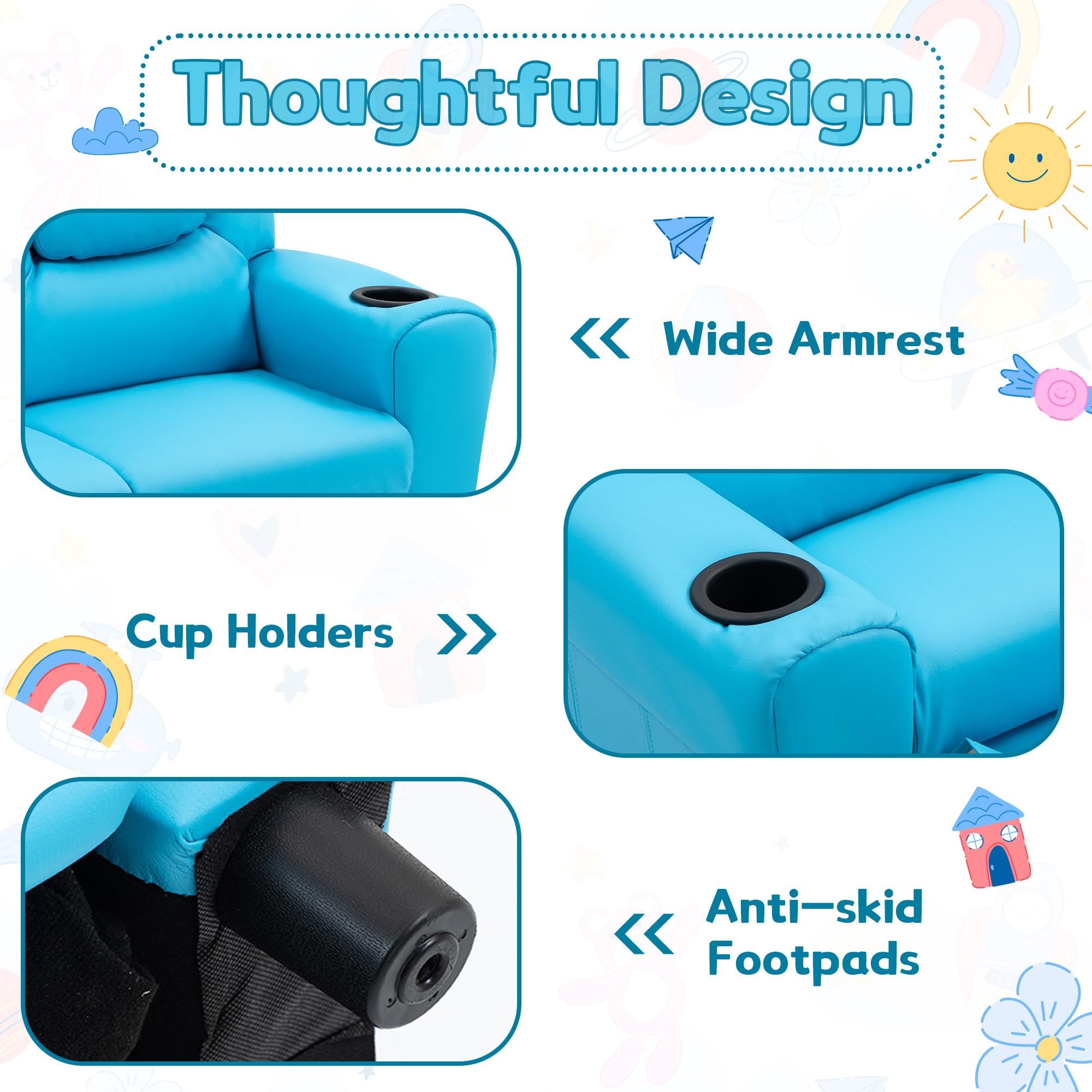 AVAWING Double Toddler Recliner Chair for Kids Age 1-4 - Adjustable Footrest & Headrest, Faux Leather Kids Loveseat Sofa with Cup Holders - Perfect for Playroom, Nursery, or Family Room (Blue)