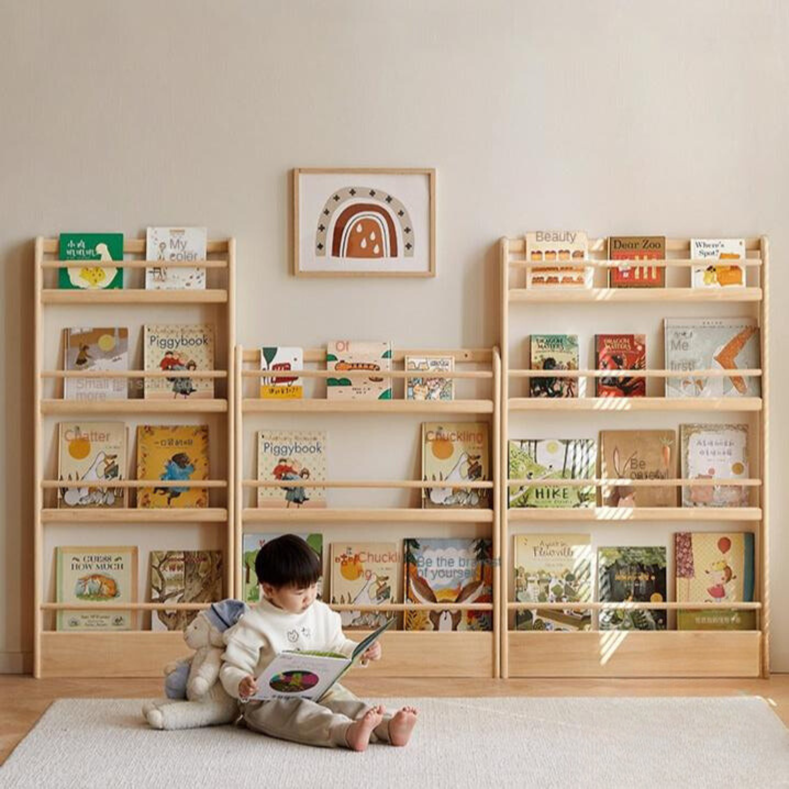 Popar Solid Wood Wall Mounted Bookshelf - Kids Book Storage Organizer for Nursery, Playroom & Classroom - Perfect for Children's Books, Toys & Decor