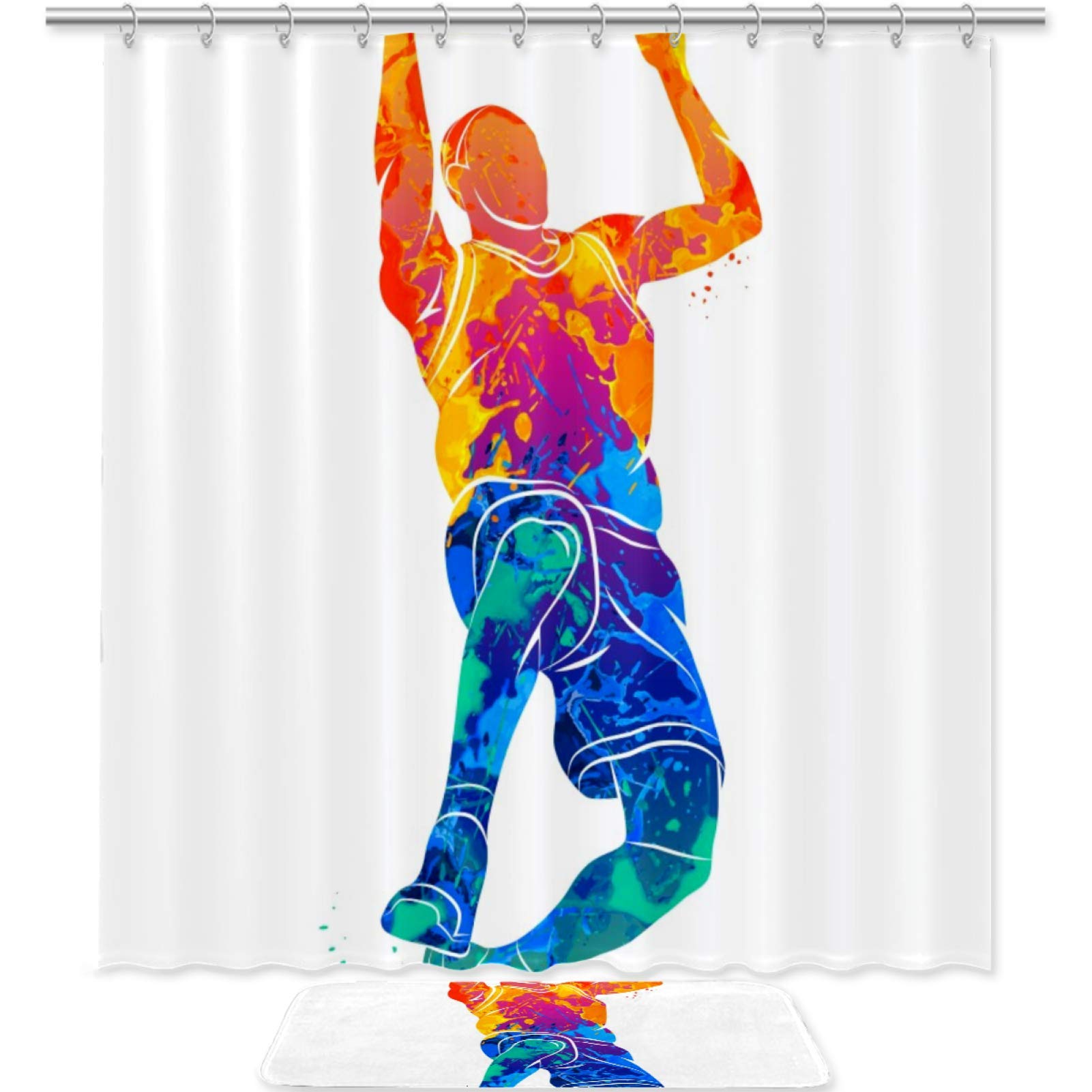 imobaby Basketball Player Watercolor Shower Curtain Set - Waterproof Bathroom Decor with Non-Slip Rug & Doormat - Perfect for Sports Fans & Kids' Bathrooms