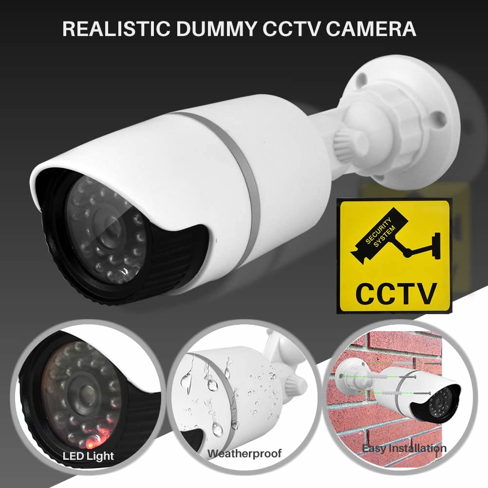 JUSTOP 2 Pack Fake Security Cameras with Flashing LED - Dummy Bullet CCTV Surveillance Camera for Indoor Outdoor Use - Waterproof, Black & White Professional Design - Ideal for Home, Office, and Business Security