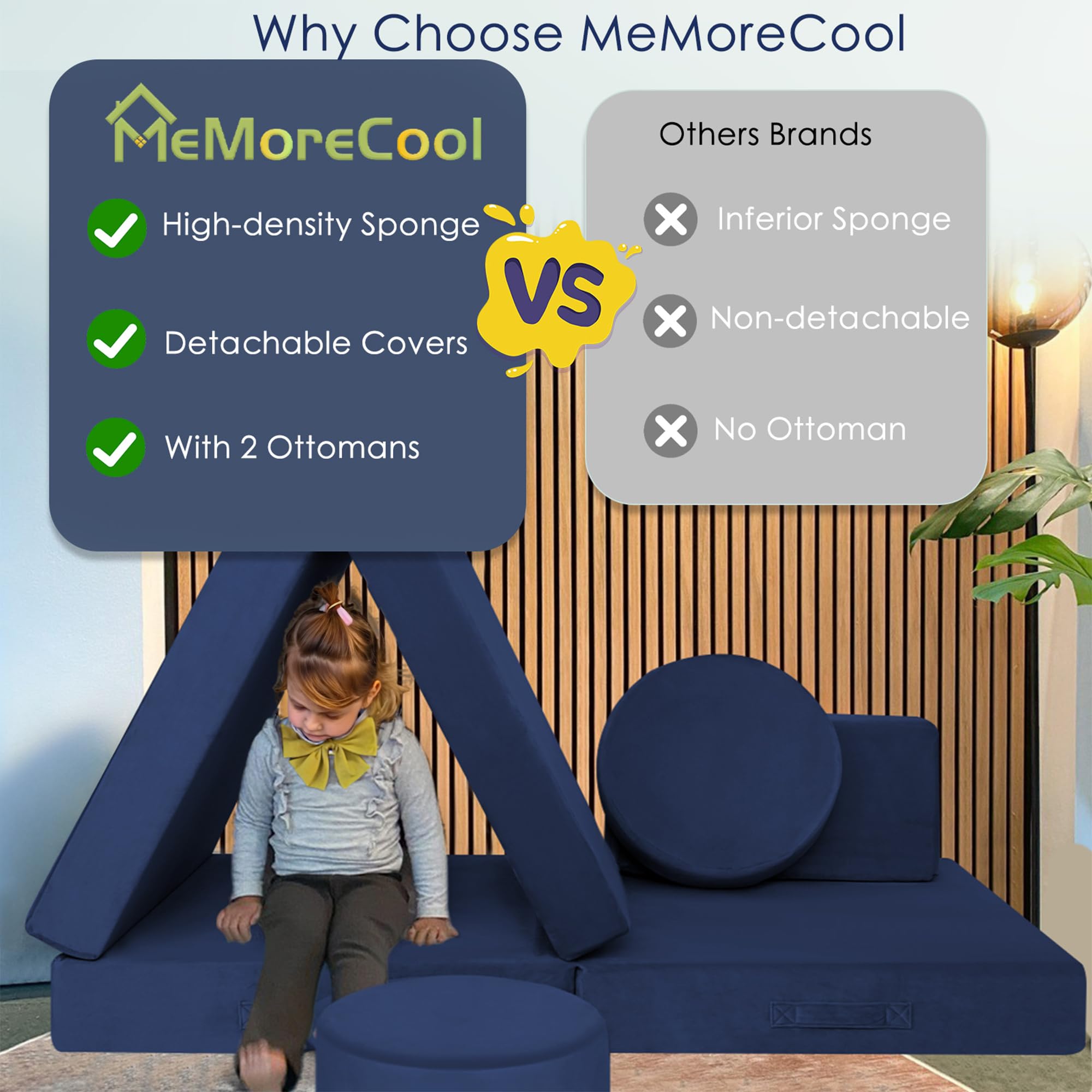 MeMoreCool Modular Kids Play Couch - Navy Blue Foam Sofa for Toddlers & Children | Playroom Furniture for Building Forts, Reading Nook & Indoor Playtime