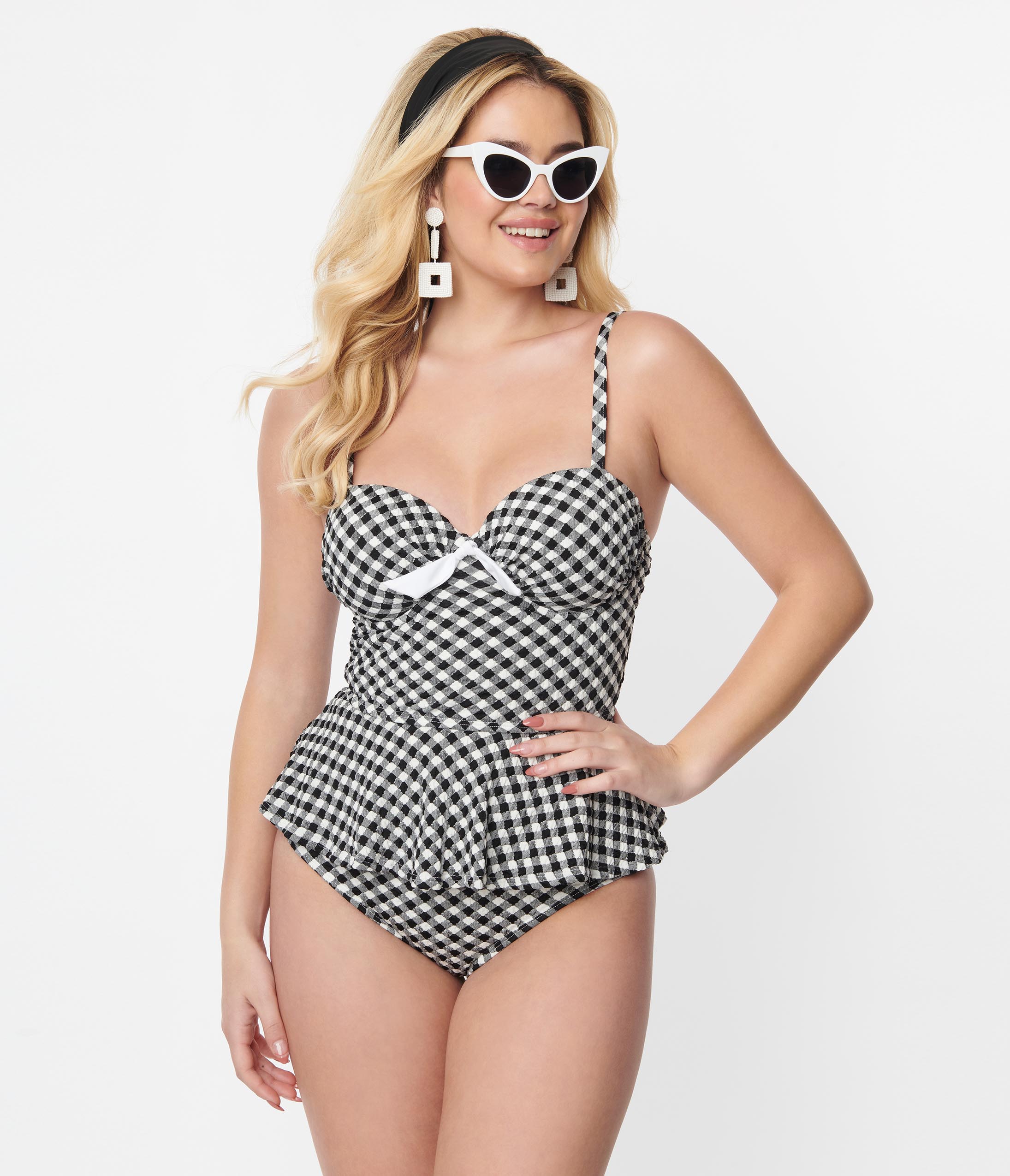 Vintage Black & White Gingham Daphne Swim Bottoms - Retro High Waisted Bikini Bottom for Women - Perfect for Beach Vacations & Pool Parties