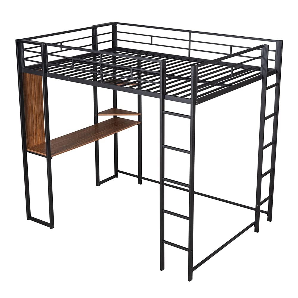 MNSSRN Metal Loft Bed with 2 Shelves & Desk - Space Saving Twin/Full Size Bunk Bed for Teens, Adults - Perfect for Small Bedrooms, Dorms, Apartments & Guest Rooms