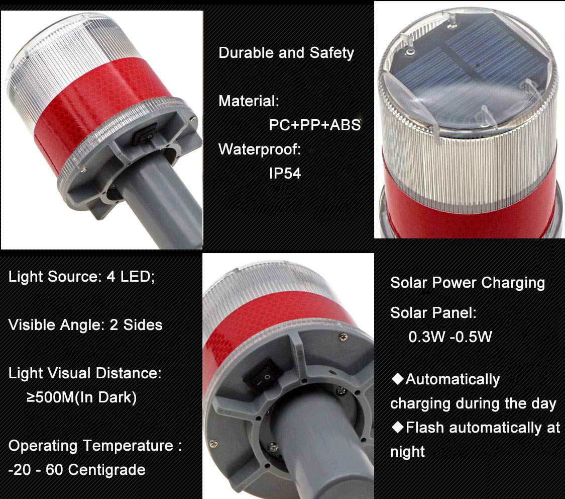 YXQ Solar LED Warning Light - Red Waterproof Beacon for Driveway Safety, Flashing Traffic Signal | Ideal for Road Construction, Parking Lots & Emergency Alerts