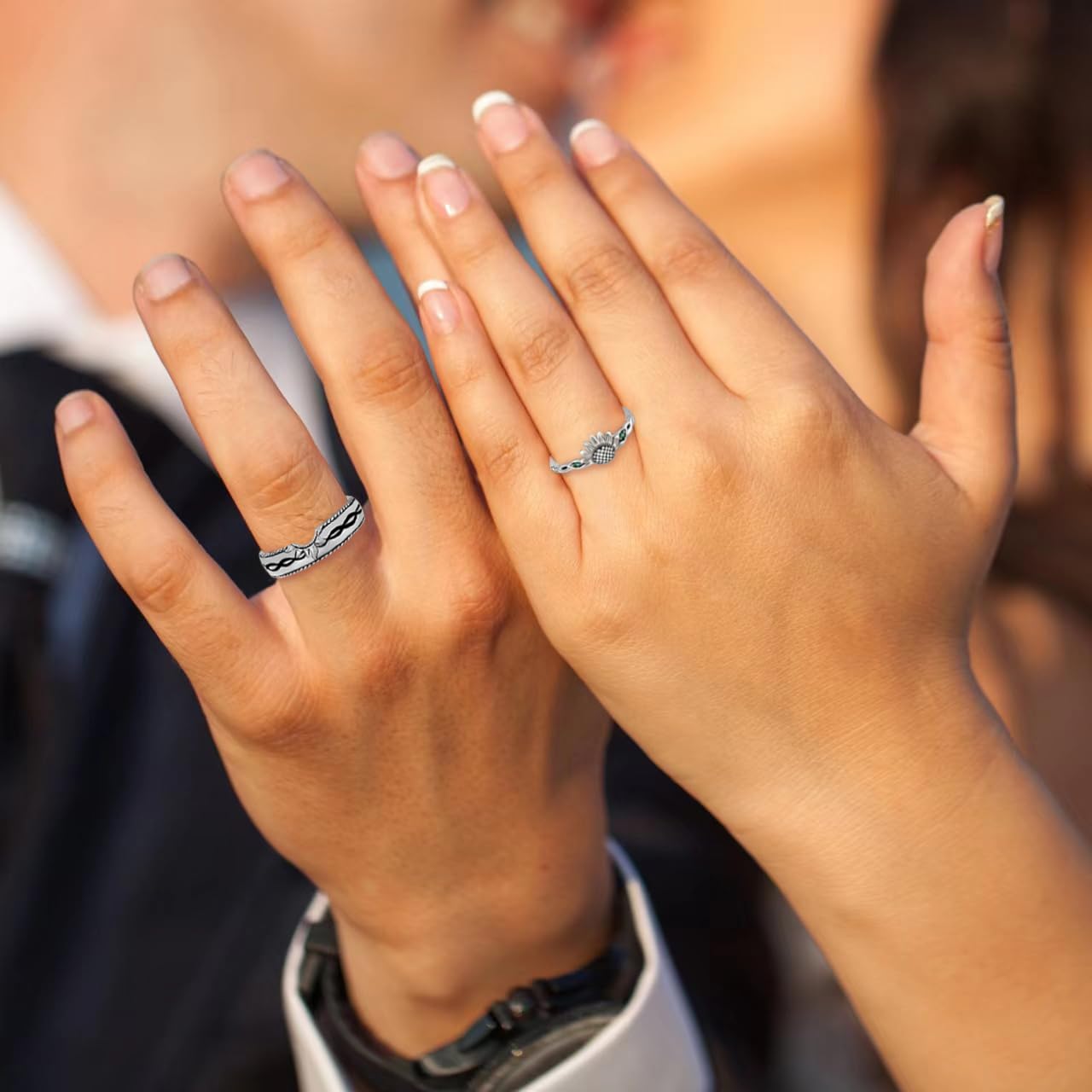 Promise Rings for Couples - Sterling Silver Adjustable Matching Wedding Bands for Him & Her - Emerald Sunflower Engagement Rings - Perfect for Anniversaries, Proposals & Romantic Gifts