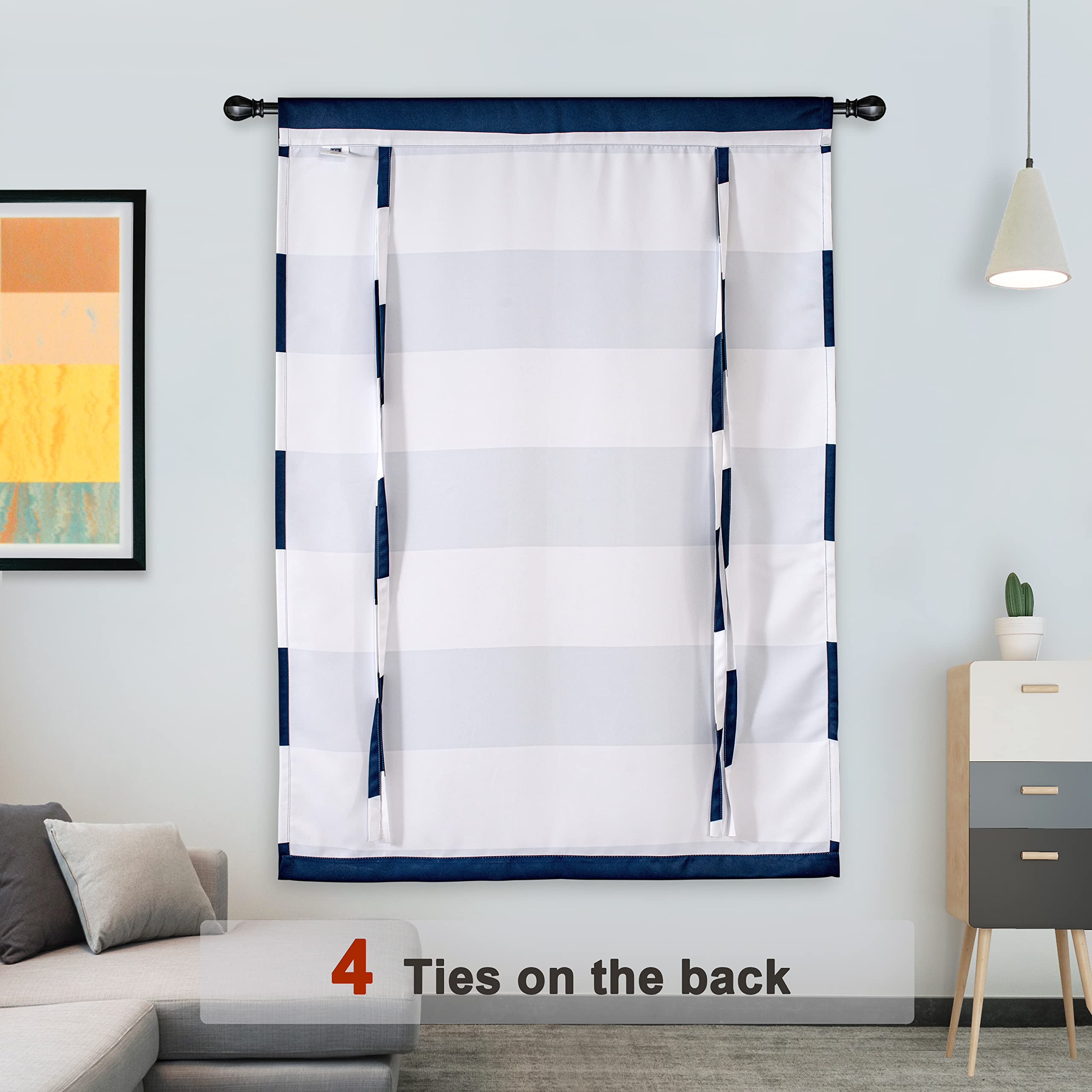 DriftAway Blackout Tie-Up Curtains 45x63 Inches - Navy Blue Striped Roman Shades with Rod Pocket, Adjustable Balloon Design for Small Windows - Perfect for Living Room, Kitchen & Bedroom Light Control