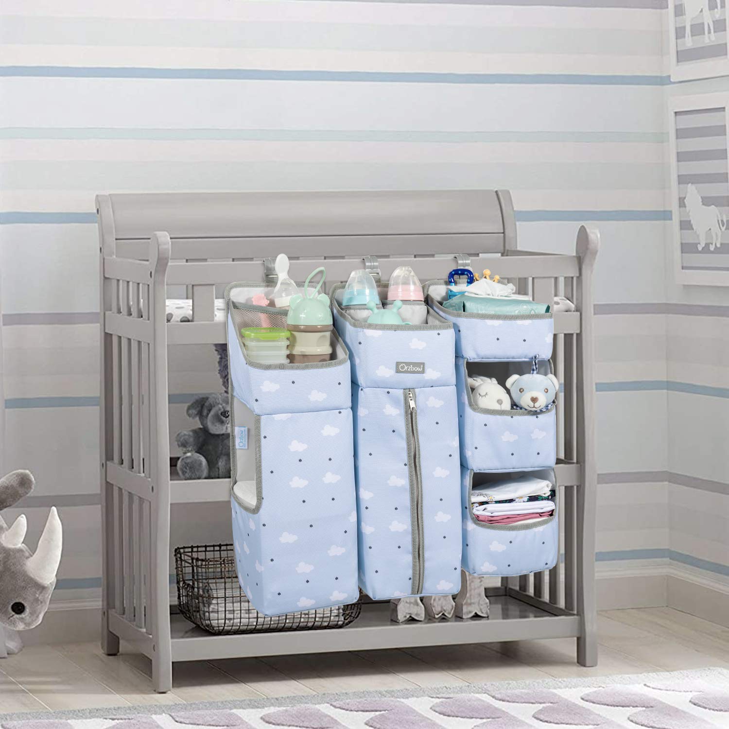 Orzbow 3-in-1 Hanging Baby Organizer & Diaper Caddy | Portable Nursery Storage for Diapers, Wipes & Essentials | Perfect for Crib, Changing Table or Nursery Wall (Blue) | Ideal for New Parents & Baby Showers