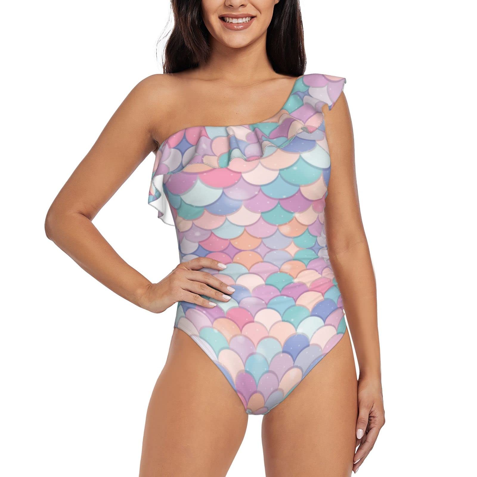 Mermaid Scale One Shoulder Asymmetric Ruffle One Piece Swimsuit for Women - Beachwear, Pool Party, Summer Vacation Swimwear
