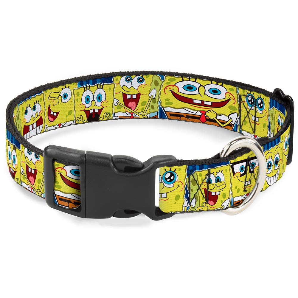 Spongebob Themed Dog Collar with Plastic Clip - Blue Stripe Design, Adjustable 9-15 Inches, 1.0 Inch Wide - Perfect for Playful Pets & Cartoon Lovers