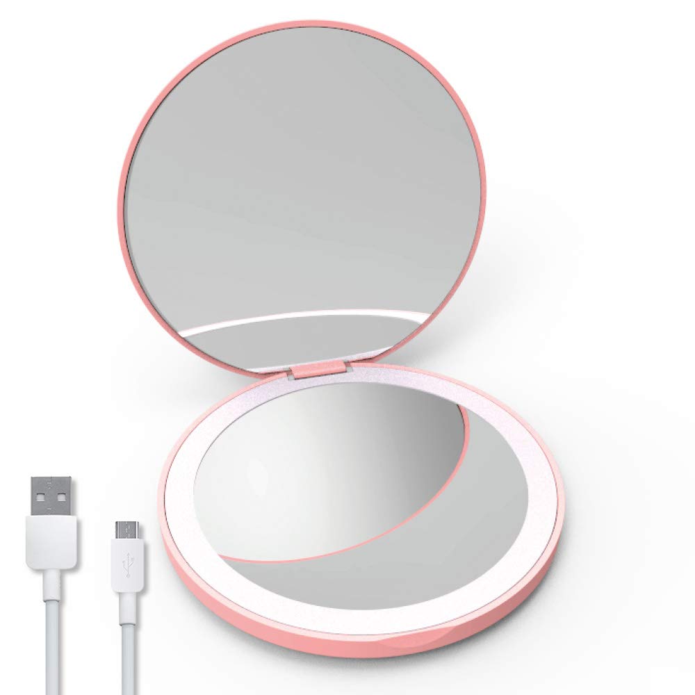 Aekegrep LED Lighted Travel Makeup Mirror with 1x/2x Magnification - 3.5 Inch Compact Folding Mirror, Portable Illuminated Handheld 2-Sided Round Mirror (Pink) - Perfect for Home, Travel, and Professional Makeup Application